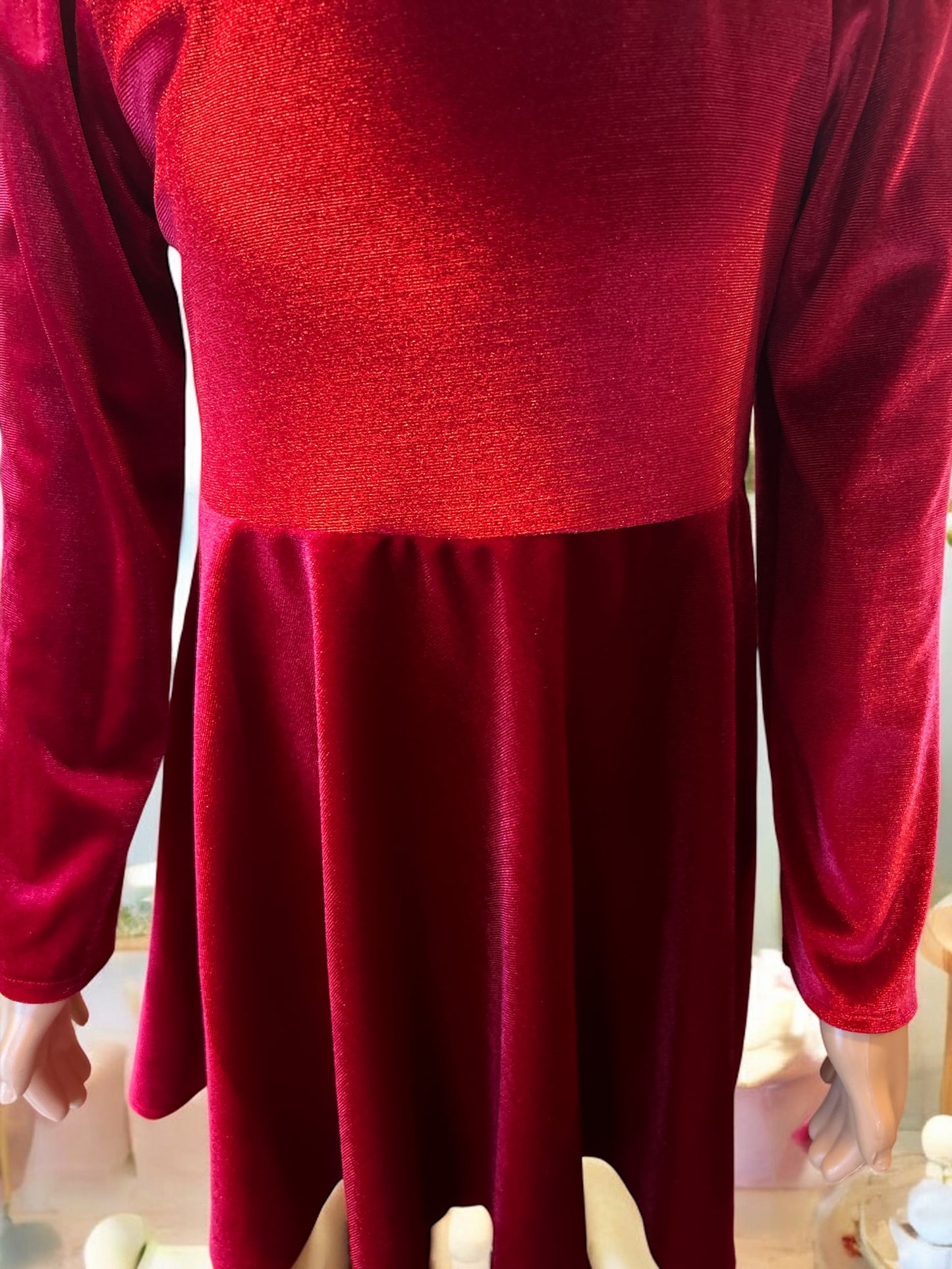Square Neck Long Sleeve Lace Trim Red Velvet Dress with a matching bunny- FS0013