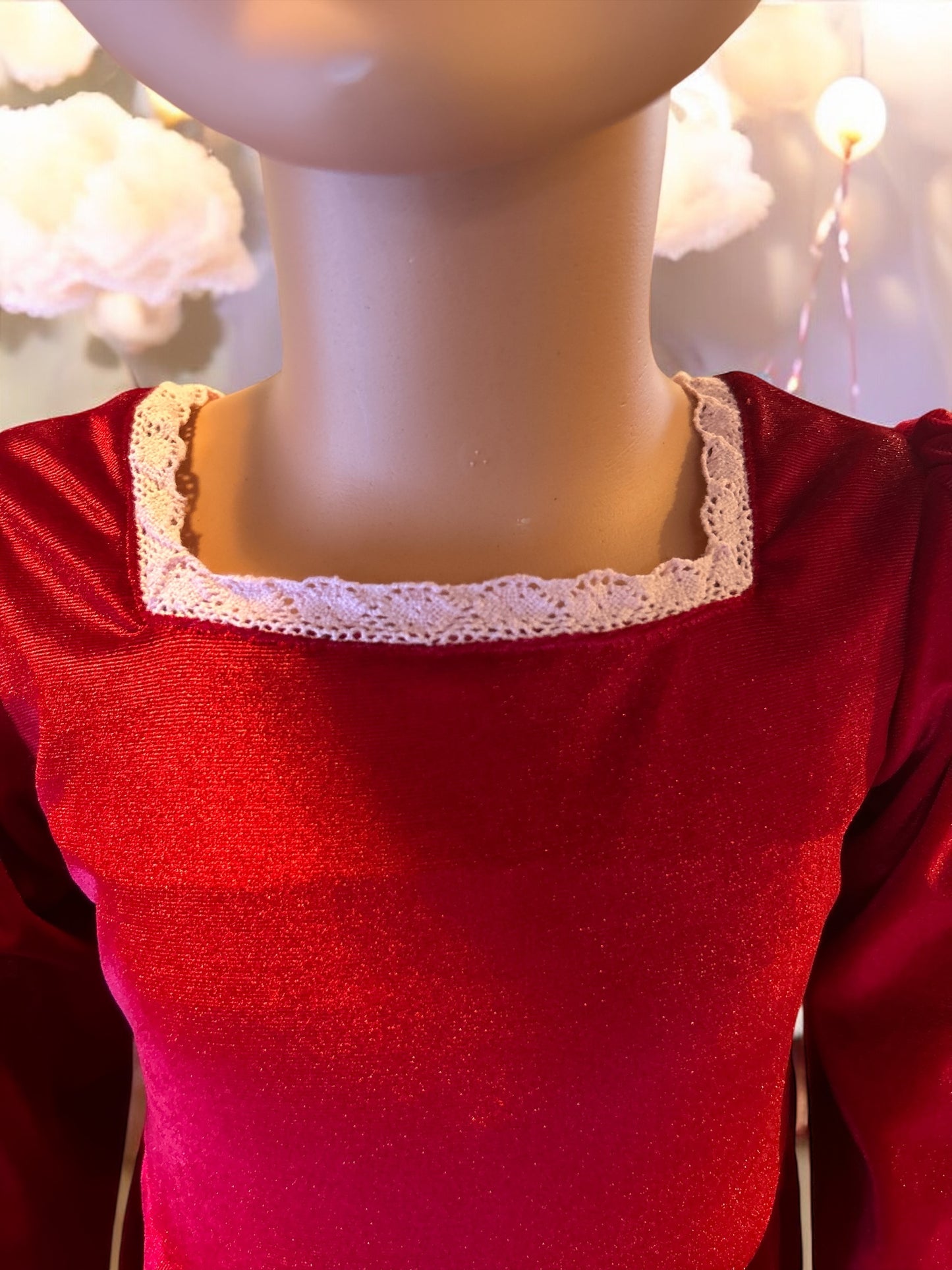 Square Neck Long Sleeve Lace Trim Red Velvet Dress with a matching bunny- FS0013