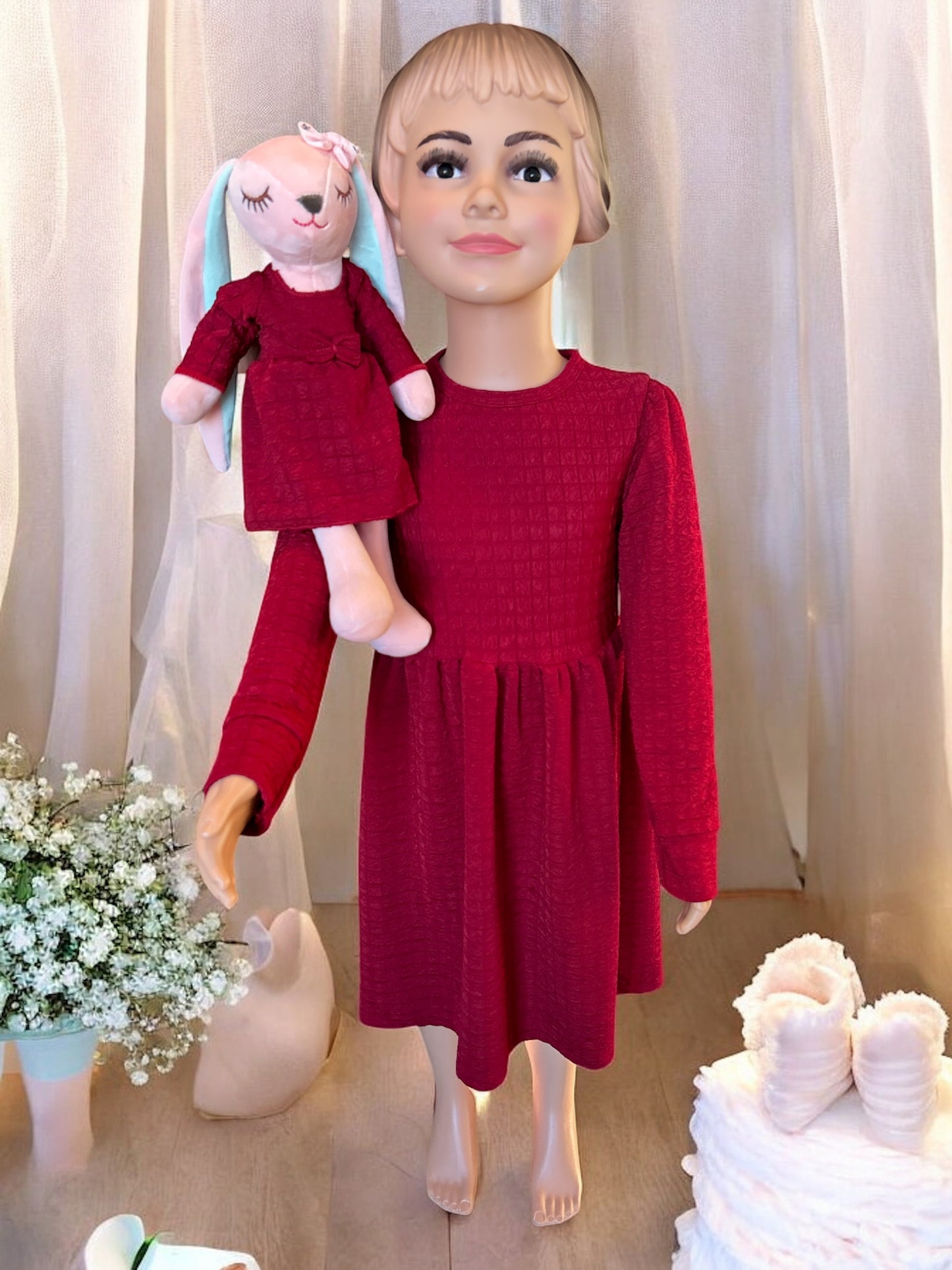 Toddler Girl Solid Long sleeve Red Dress with a matching bunny - FS0015