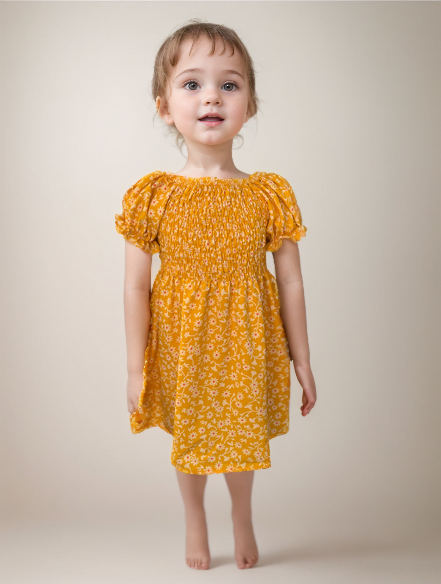 Summer Printed Yellow Smocked Dress with Matching Bunny- FS0023