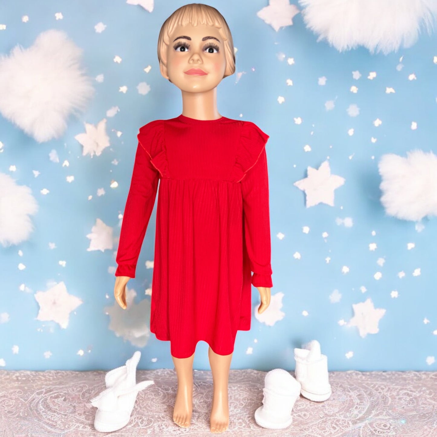 Toddler Girl's Ruffle Trim Long Sleeve Dress set with matching bunny - FS0003