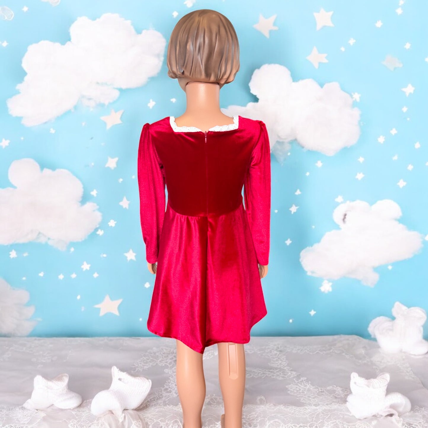 Square Neck Long Sleeve Lace Trim Red Velvet Dress with a matching bunny- FS0013