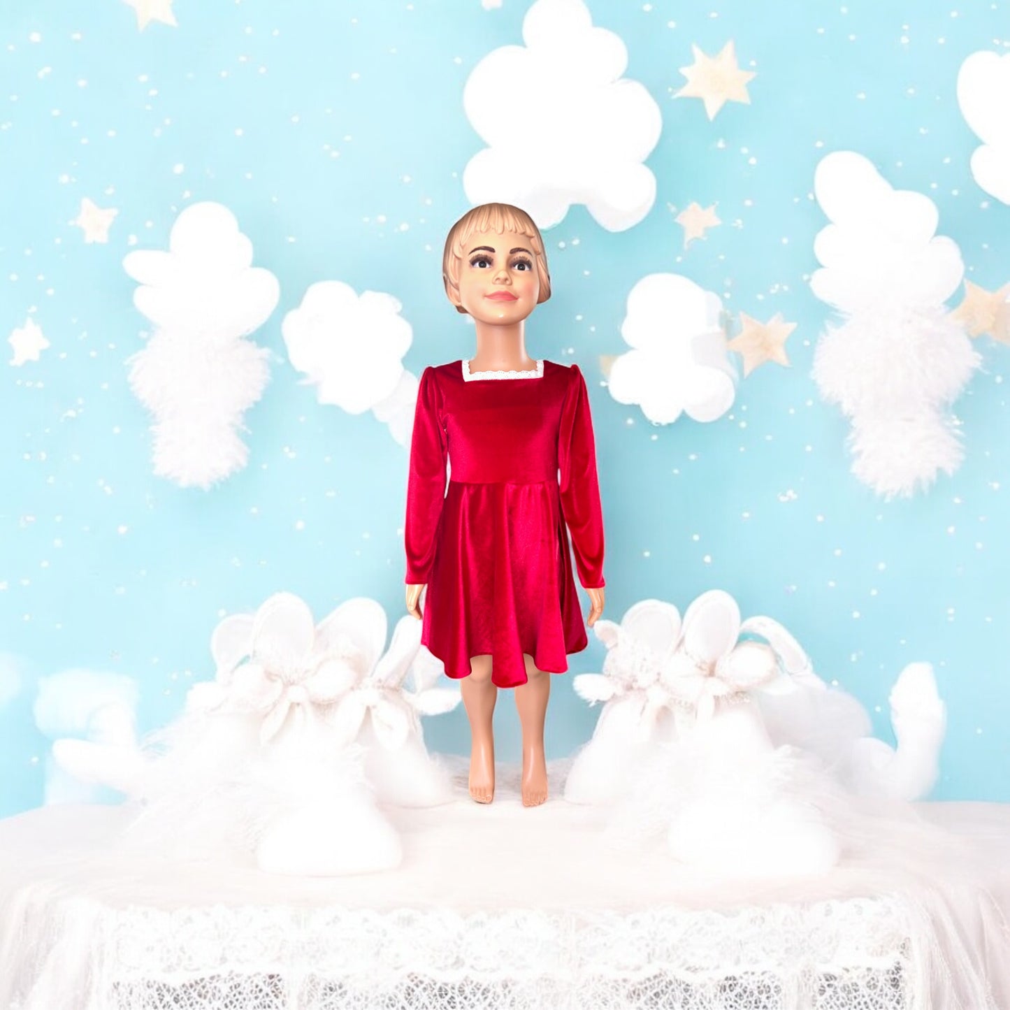 Square Neck Long Sleeve Lace Trim Red Velvet Dress with a matching bunny- FS0013