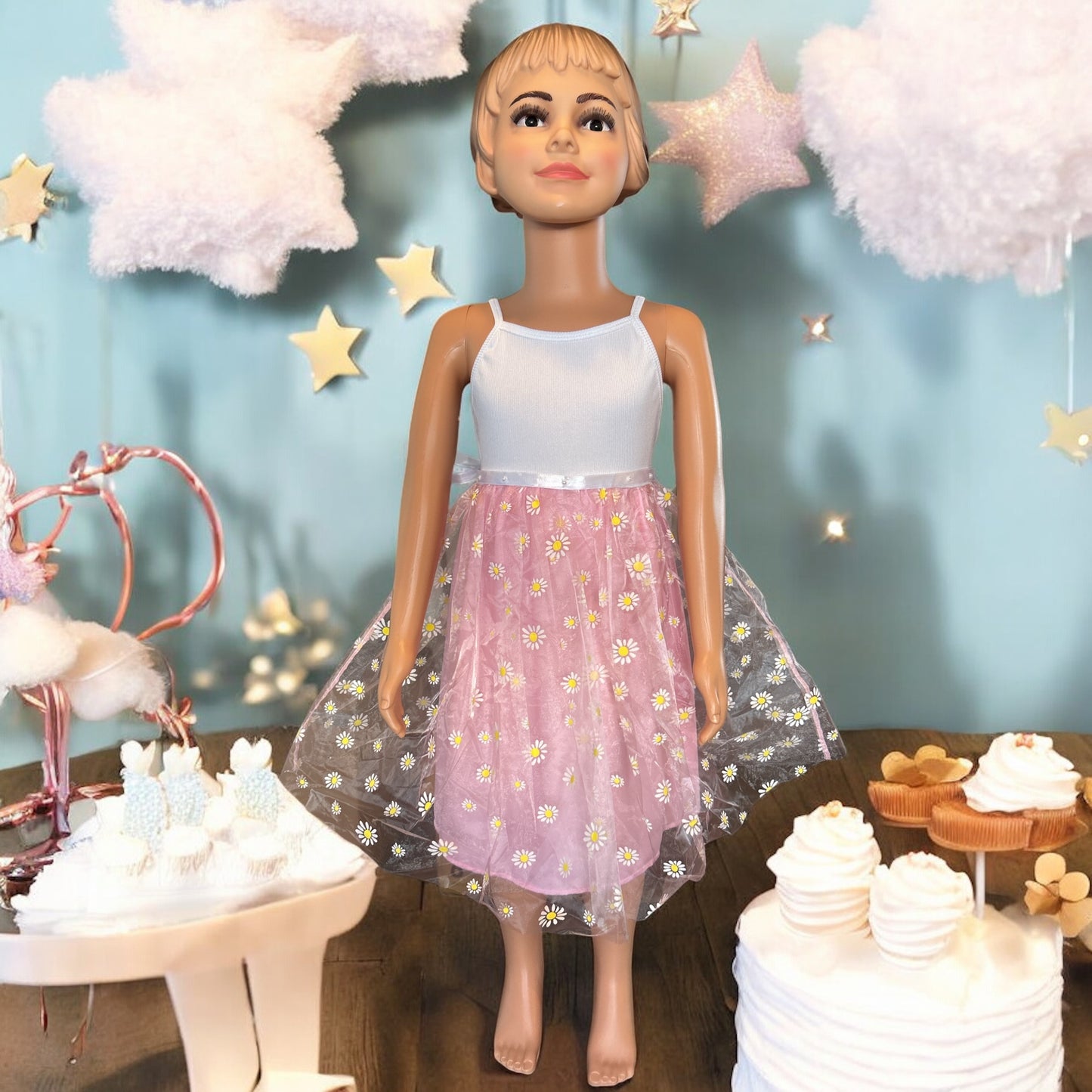 Spaghetti Strap Tulle sunflower print dress With a matching bunny- FS0011