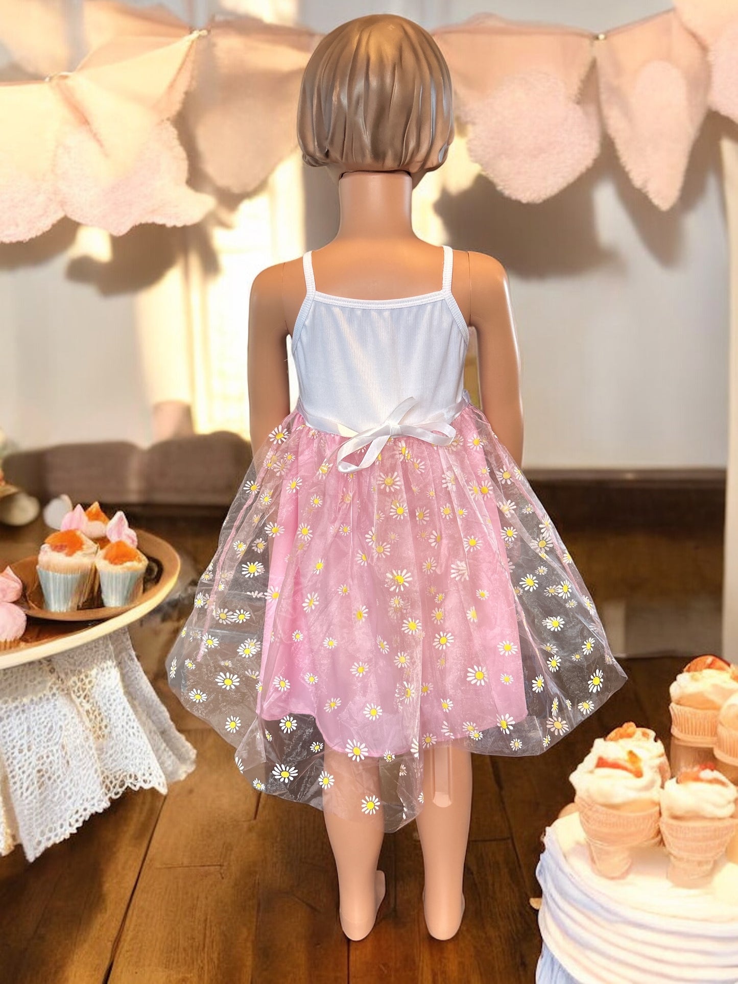 Spaghetti Strap Tulle sunflower print dress With a matching bunny- FS0011