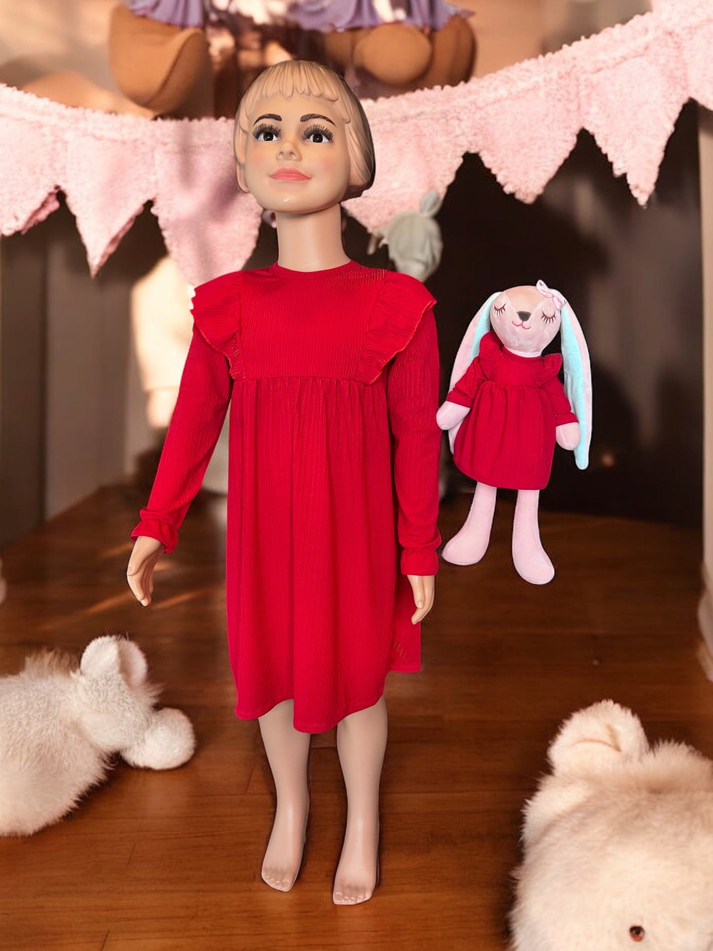 Toddler Girl's Ruffle Trim Long Sleeve Dress set with matching bunny - FS0003