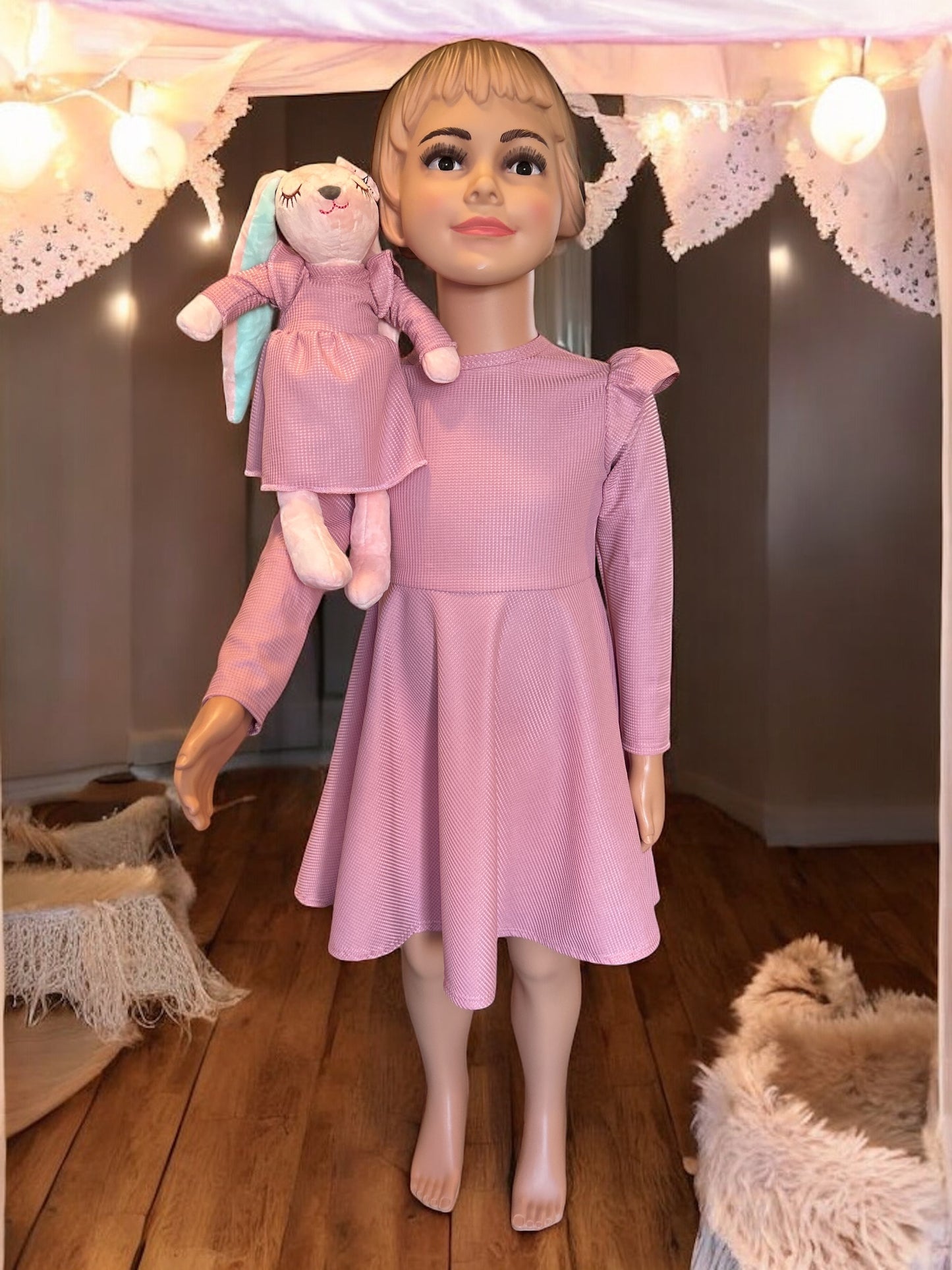 Blush Bunny Flutter Dress set with matching bunny- FS0001