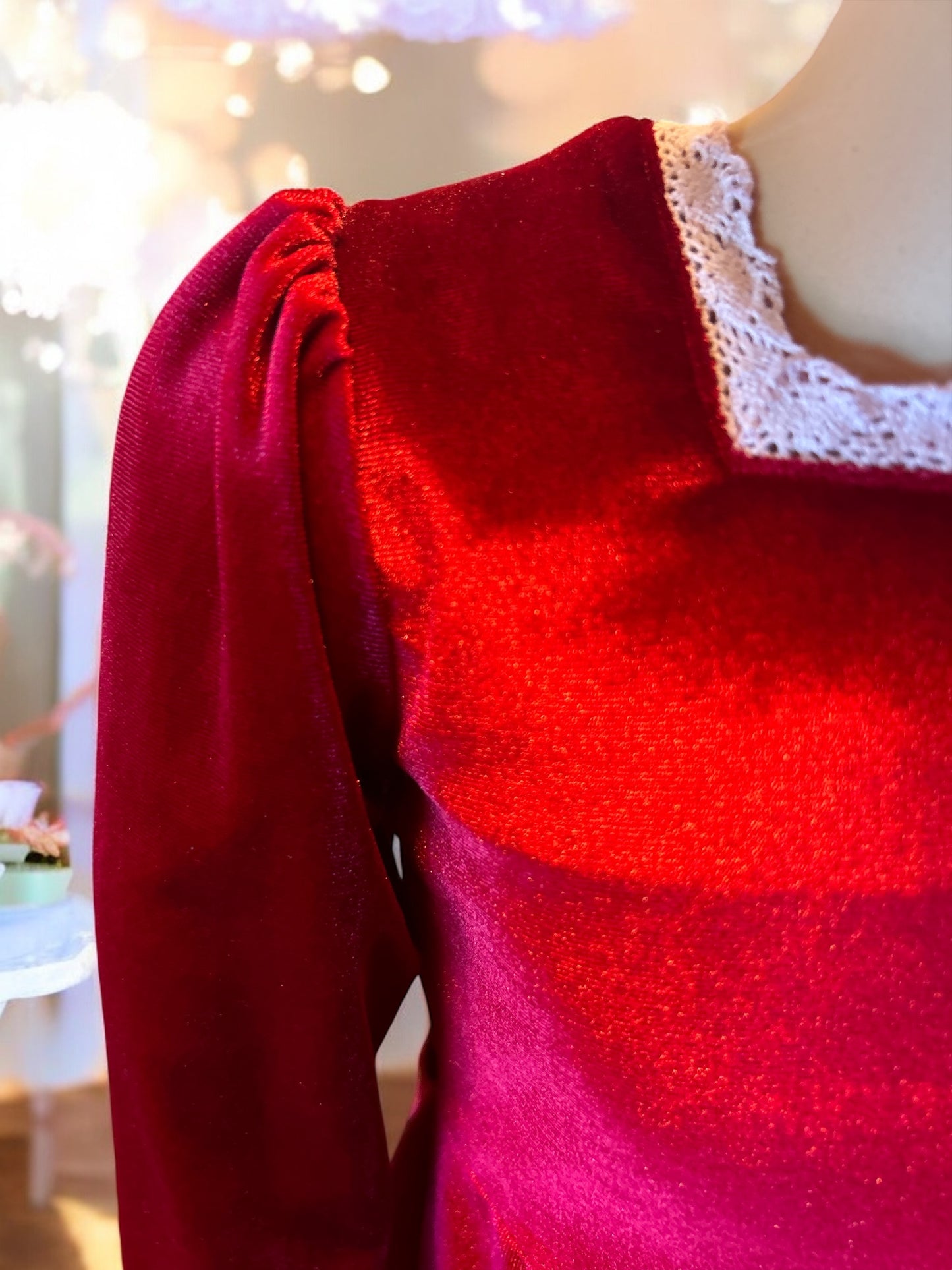 Square Neck Long Sleeve Lace Trim Red Velvet Dress with a matching bunny- FS0013