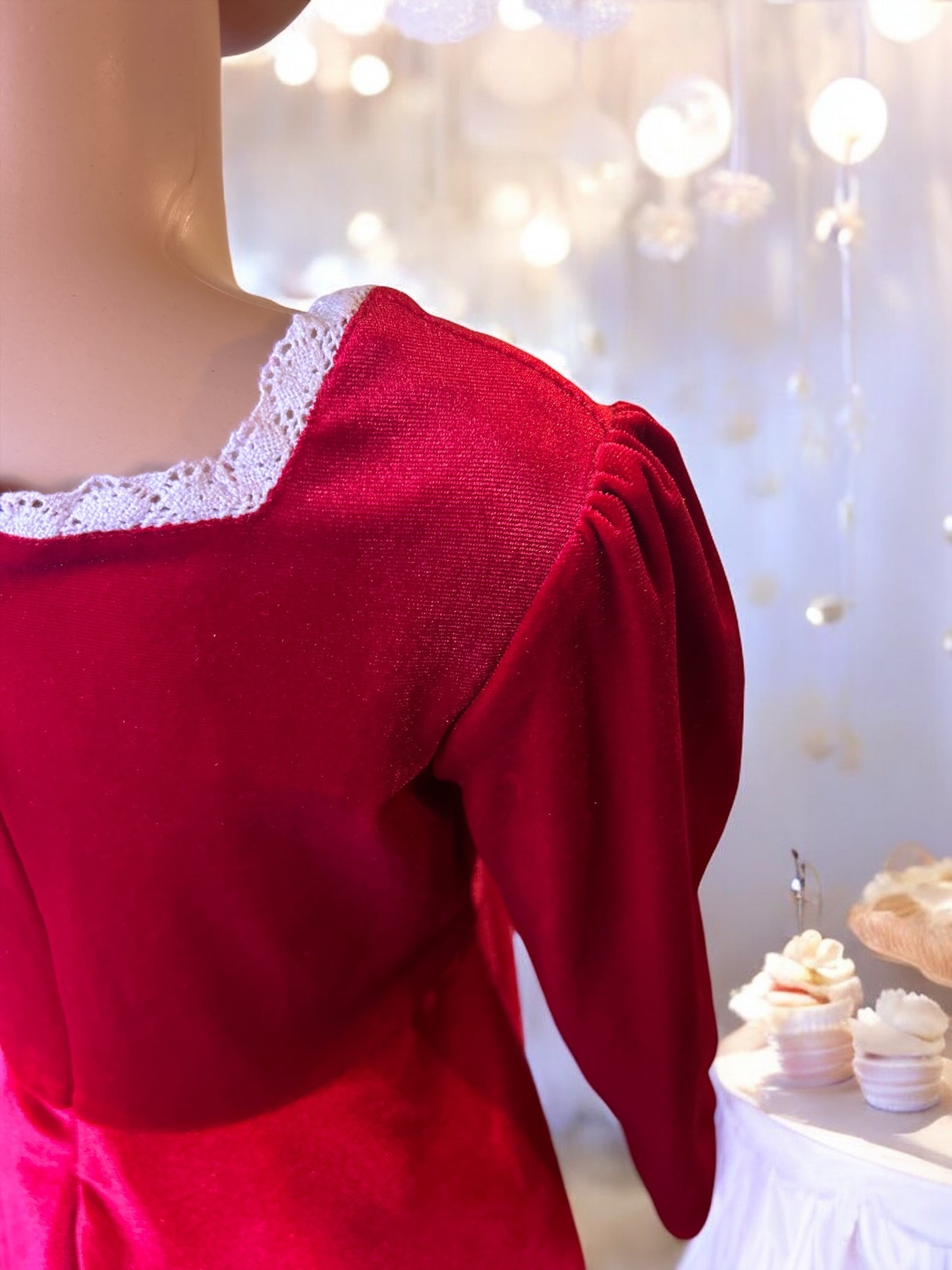 Square Neck Long Sleeve Lace Trim Red Velvet Dress with a matching bunny- FS0013