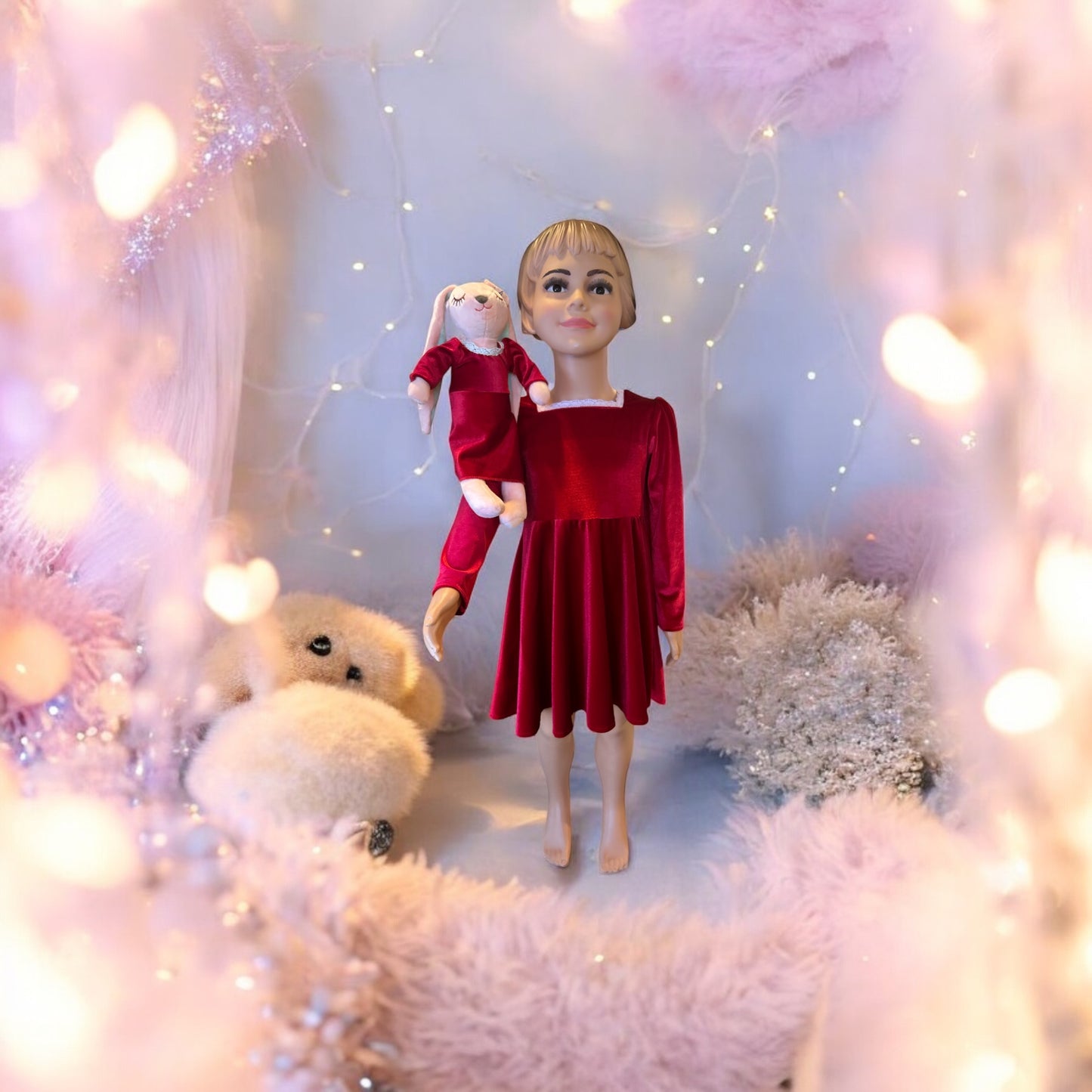 Square Neck Long Sleeve Lace Trim Red Velvet Dress with a matching bunny- FS0013