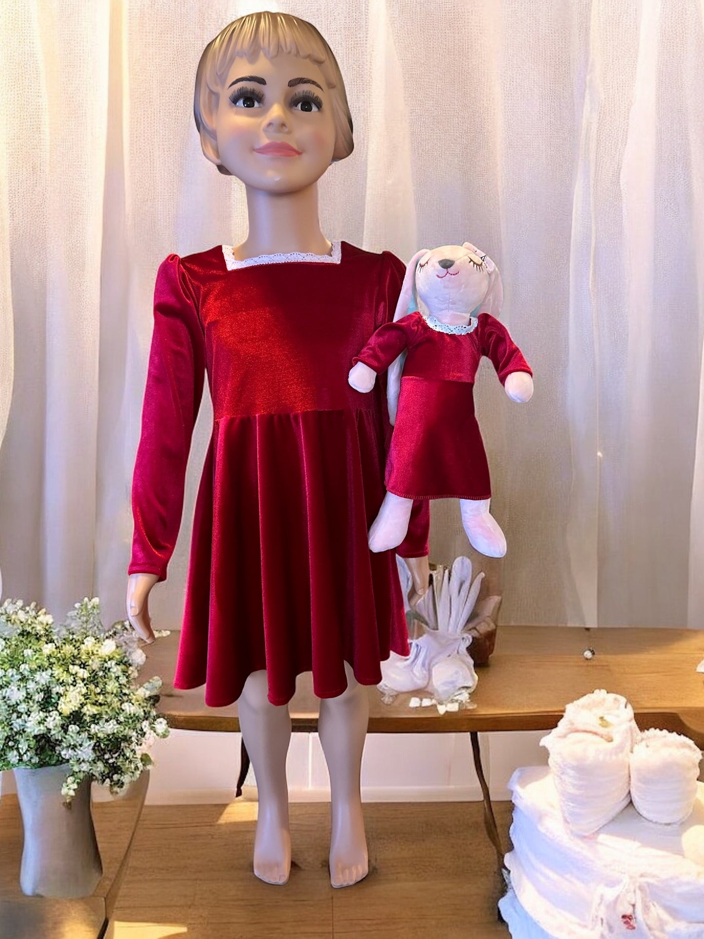 Square Neck Long Sleeve Lace Trim Red Velvet Dress with a matching bunny- FS0013