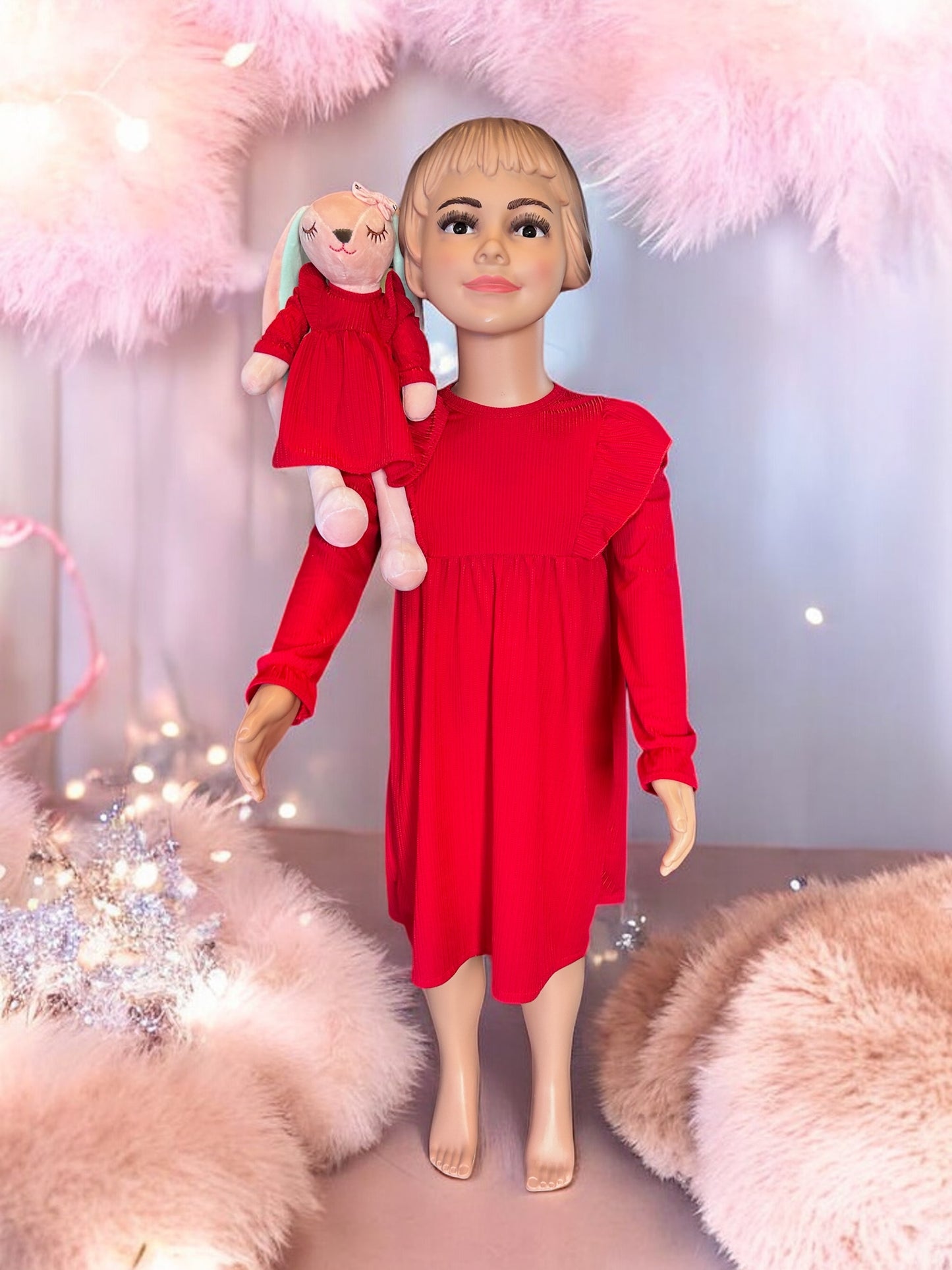 Toddler Girl's Ruffle Trim Long Sleeve Dress set with matching bunny - FS0003