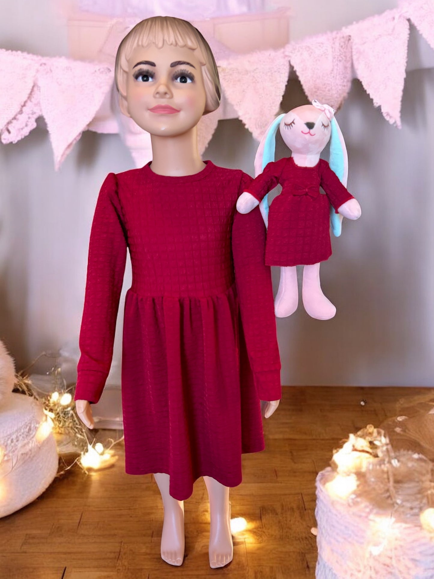 Toddler Girl Solid Long sleeve Red Dress with a matching bunny - FS0015