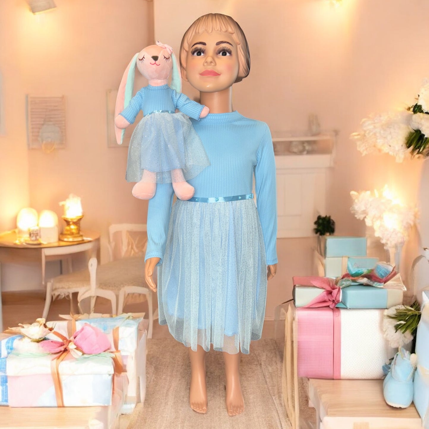 Princess Style Glitter Mesh Tulle Dress with a matching bunny -FS0008