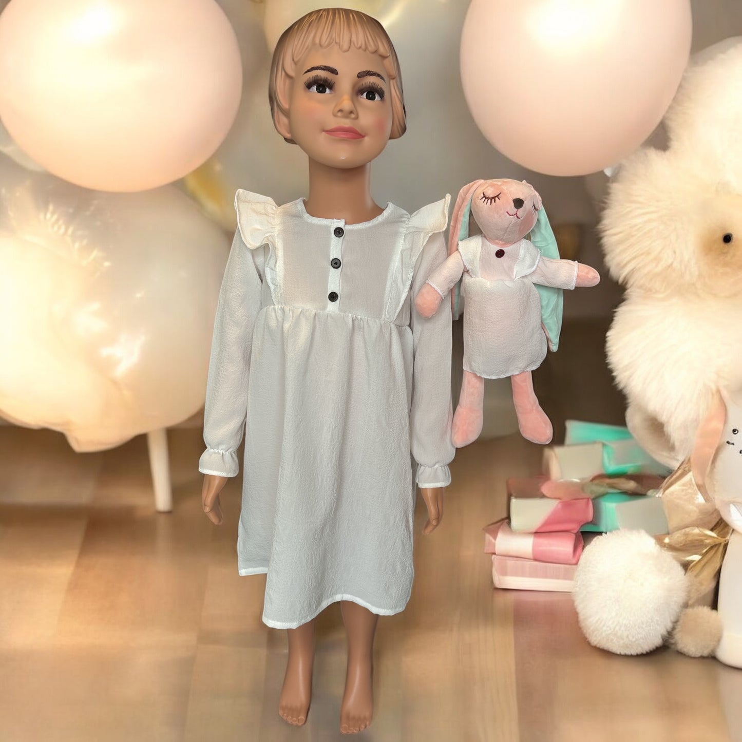 Casual Ruffle Trim Long Sleeve Dress with a matching bunny - FS0009