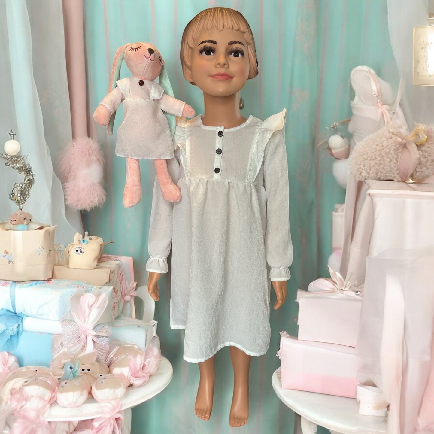 Casual Ruffle Trim Long Sleeve Dress with a matching bunny - FS0009