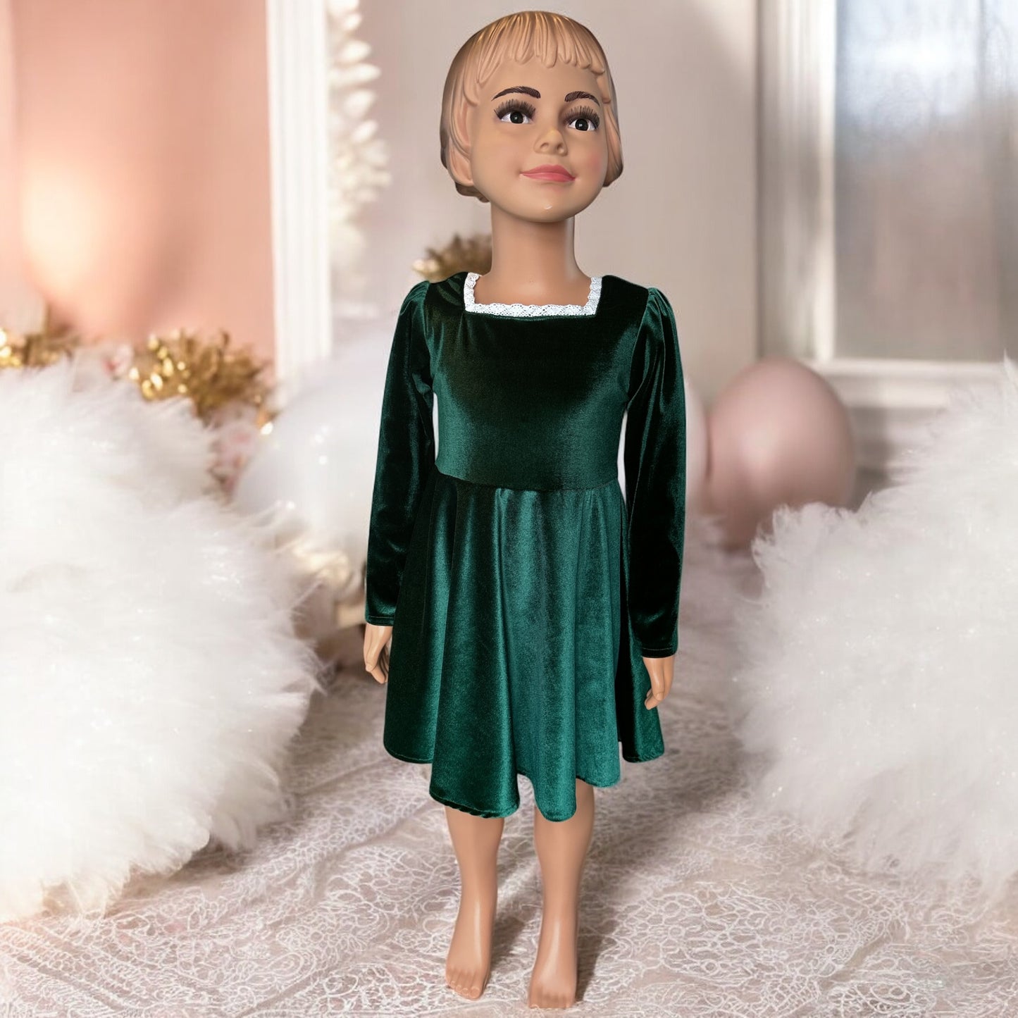Square Neck Long Sleeve Lace Trim Green Velvet Dress with a matching bunny- FS0014