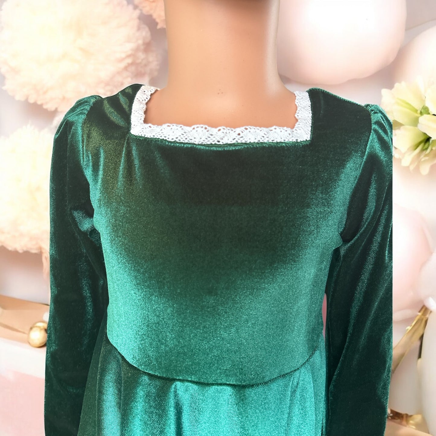 Square Neck Long Sleeve Lace Trim Green Velvet Dress with a matching bunny- FS0014