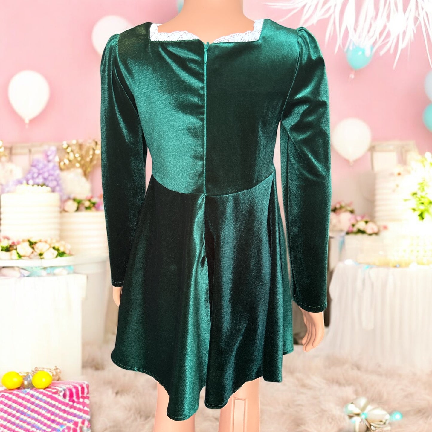 Square Neck Long Sleeve Lace Trim Green Velvet Dress with a matching bunny- FS0014