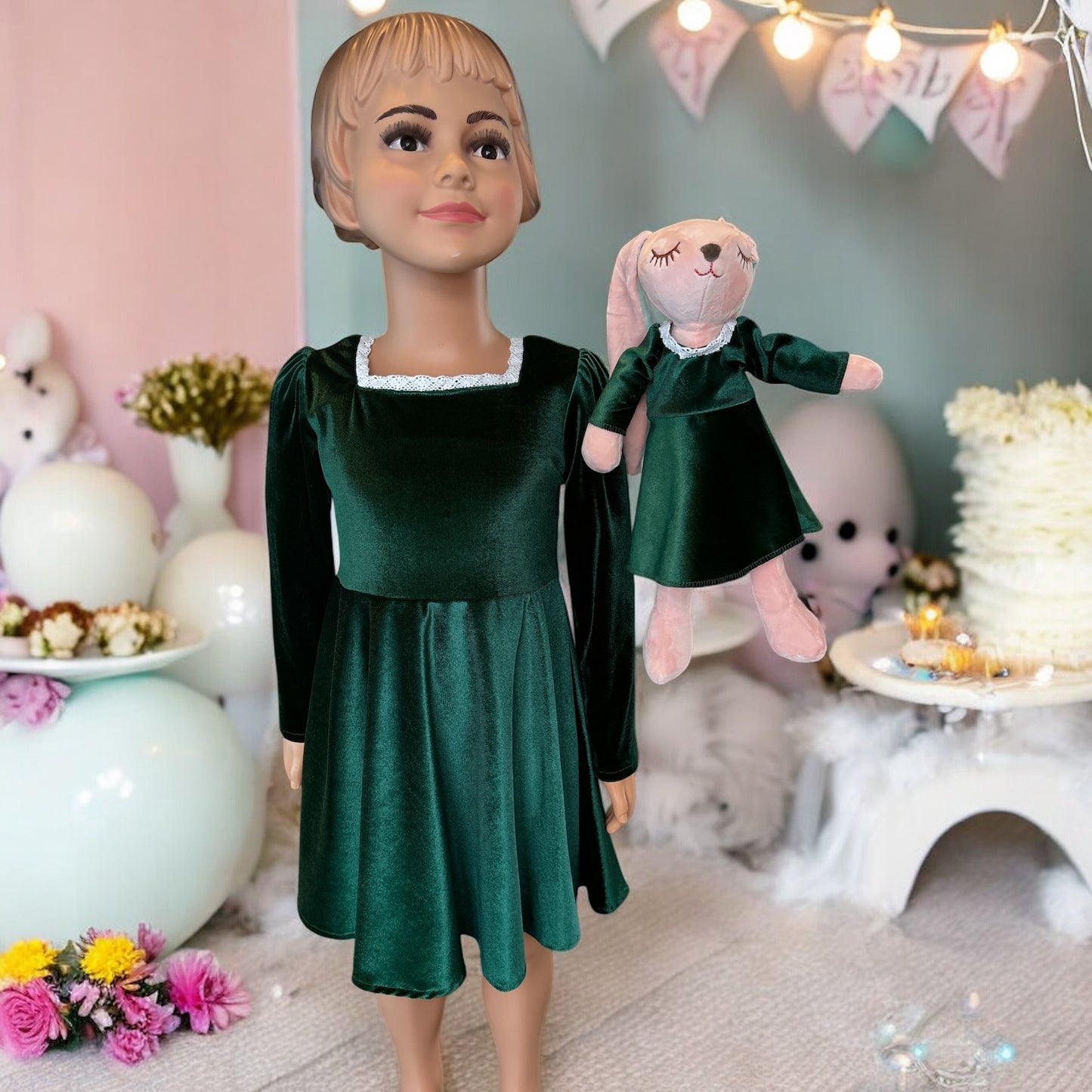 Square Neck Long Sleeve Lace Trim Green Velvet Dress with a matching bunny- FS0014
