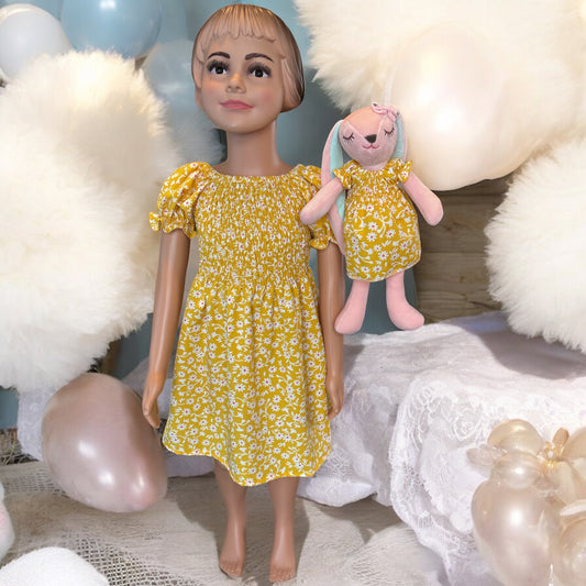 Summer Printed Yellow Smocked Dress with Matching Bunny- FS0023