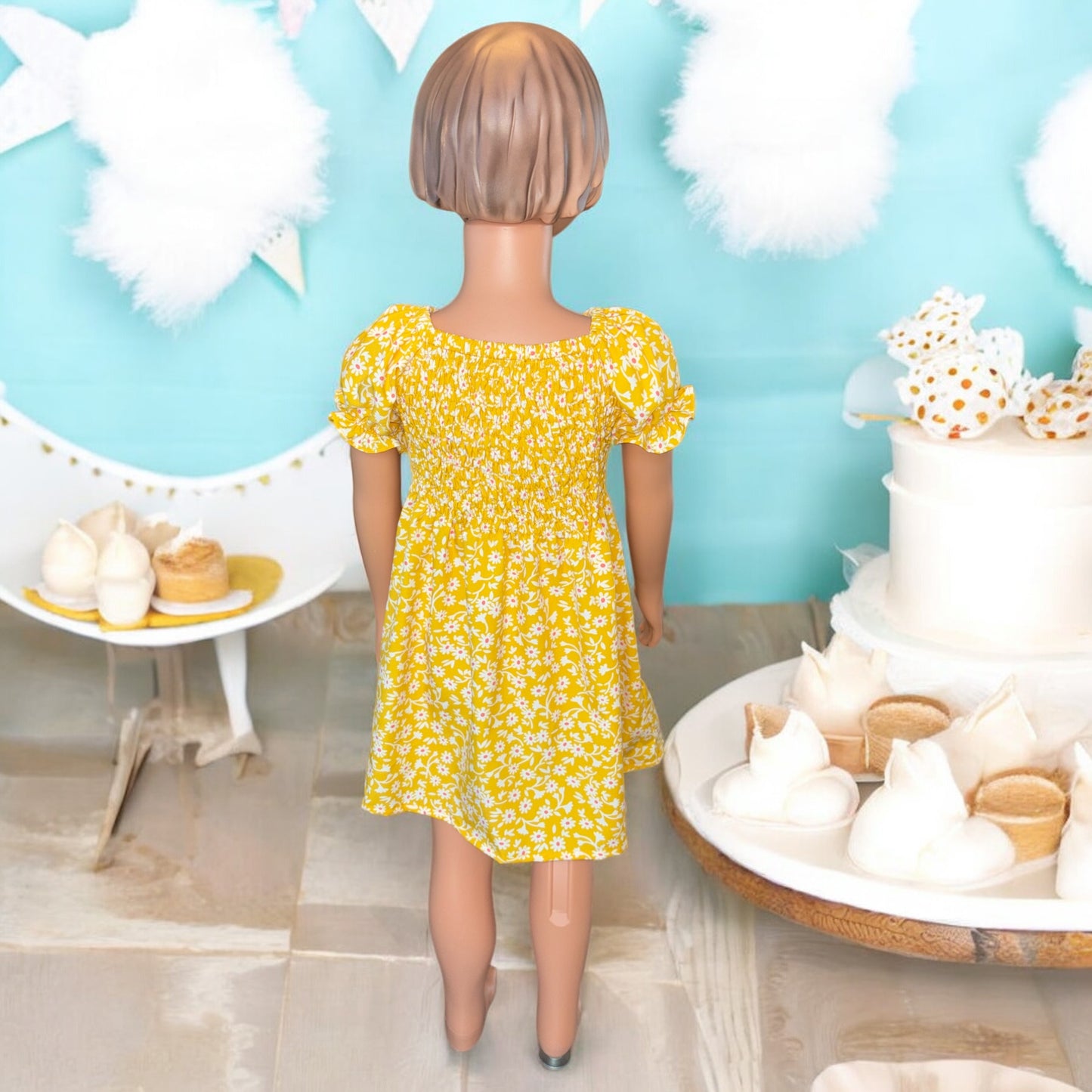 Summer Printed Yellow Smocked Dress with Matching Bunny- FS0023
