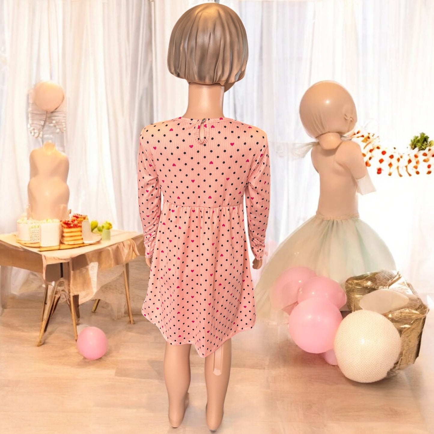 Toddler Girl's Polka dots with hearts long sleeve dress with matching bunny- FS004