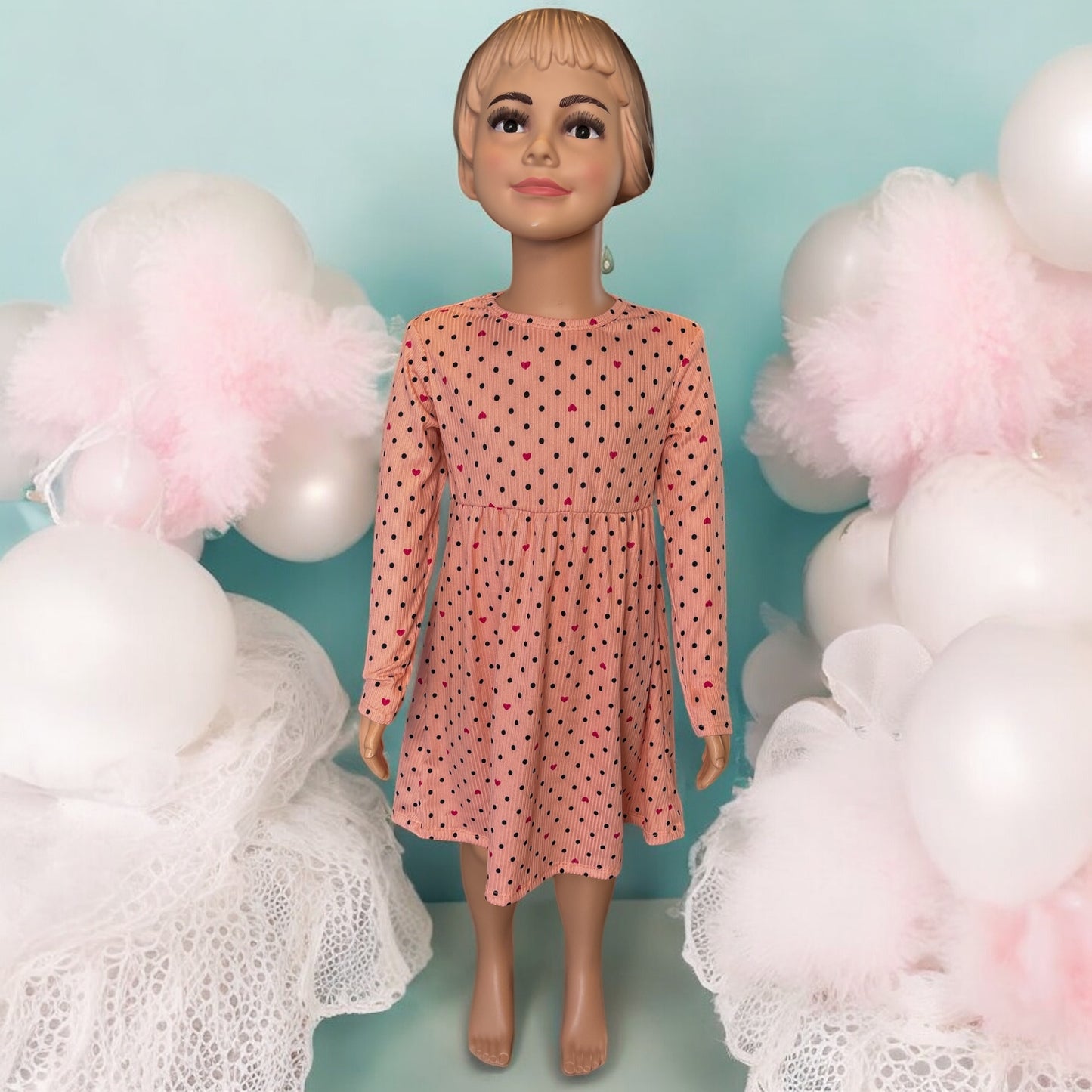 Toddler Girl's Polka dots with hearts long sleeve dress with matching bunny- FS004