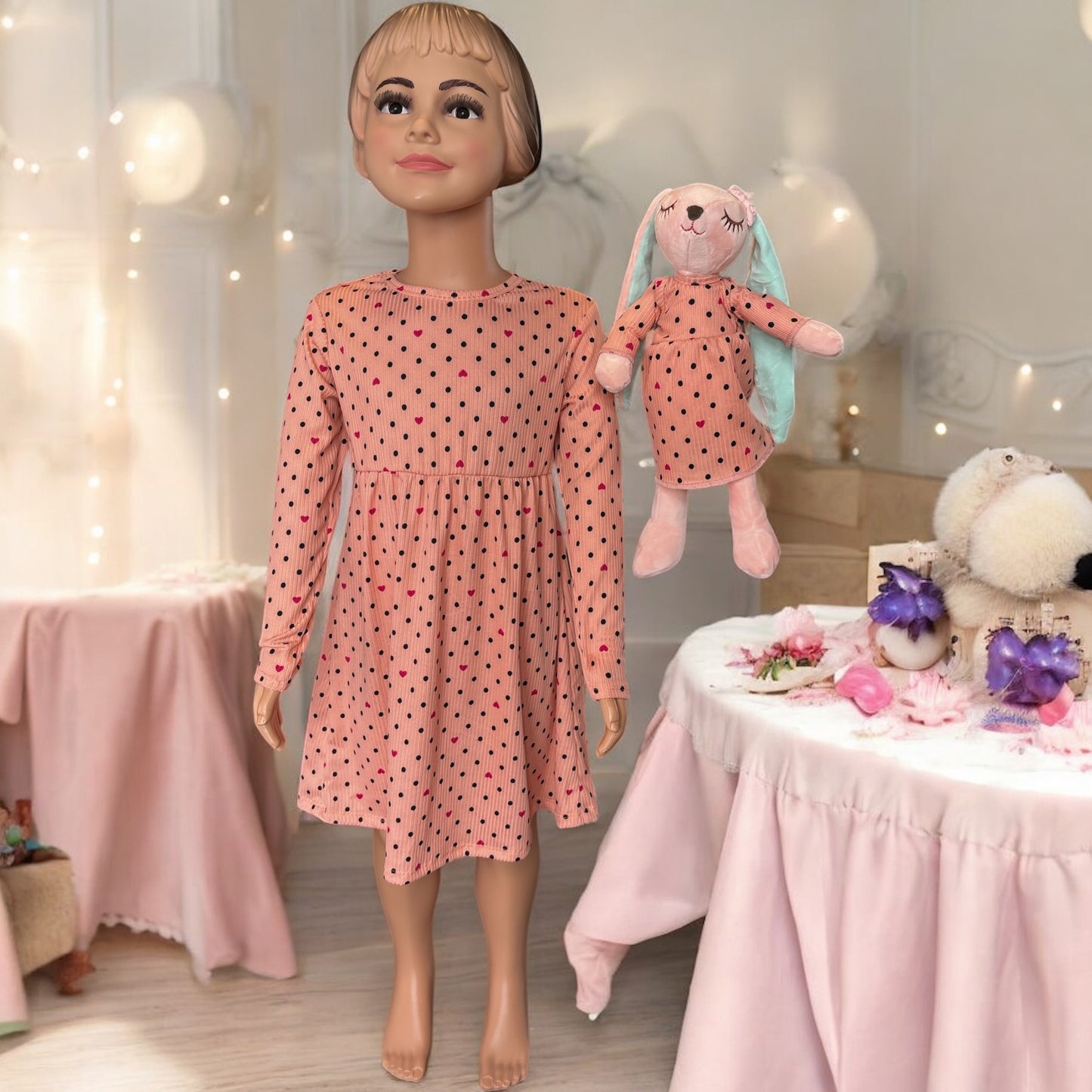 Toddler Girl's Polka dots with hearts long sleeve dress with matching bunny- FS004