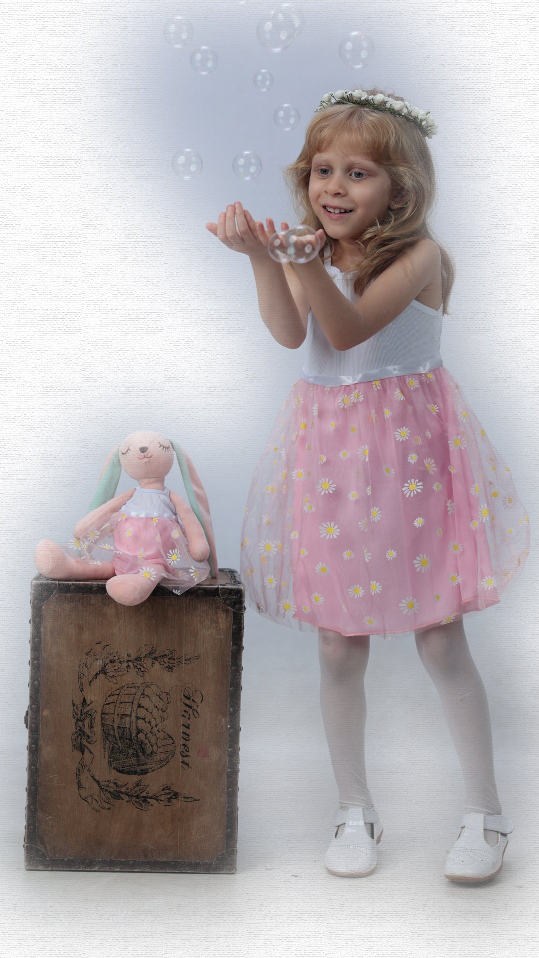 Spaghetti Strap Tulle sunflower print dress With a matching bunny- FS0011
