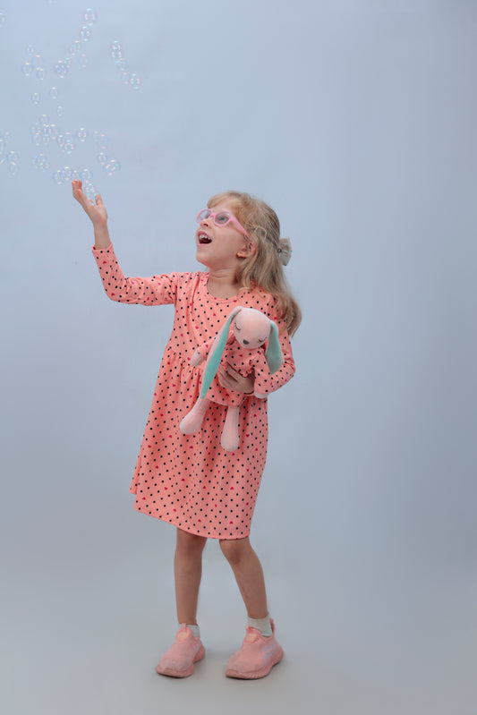 Toddler Girl's Polka dots with hearts long sleeve dress with matching bunny- FS004