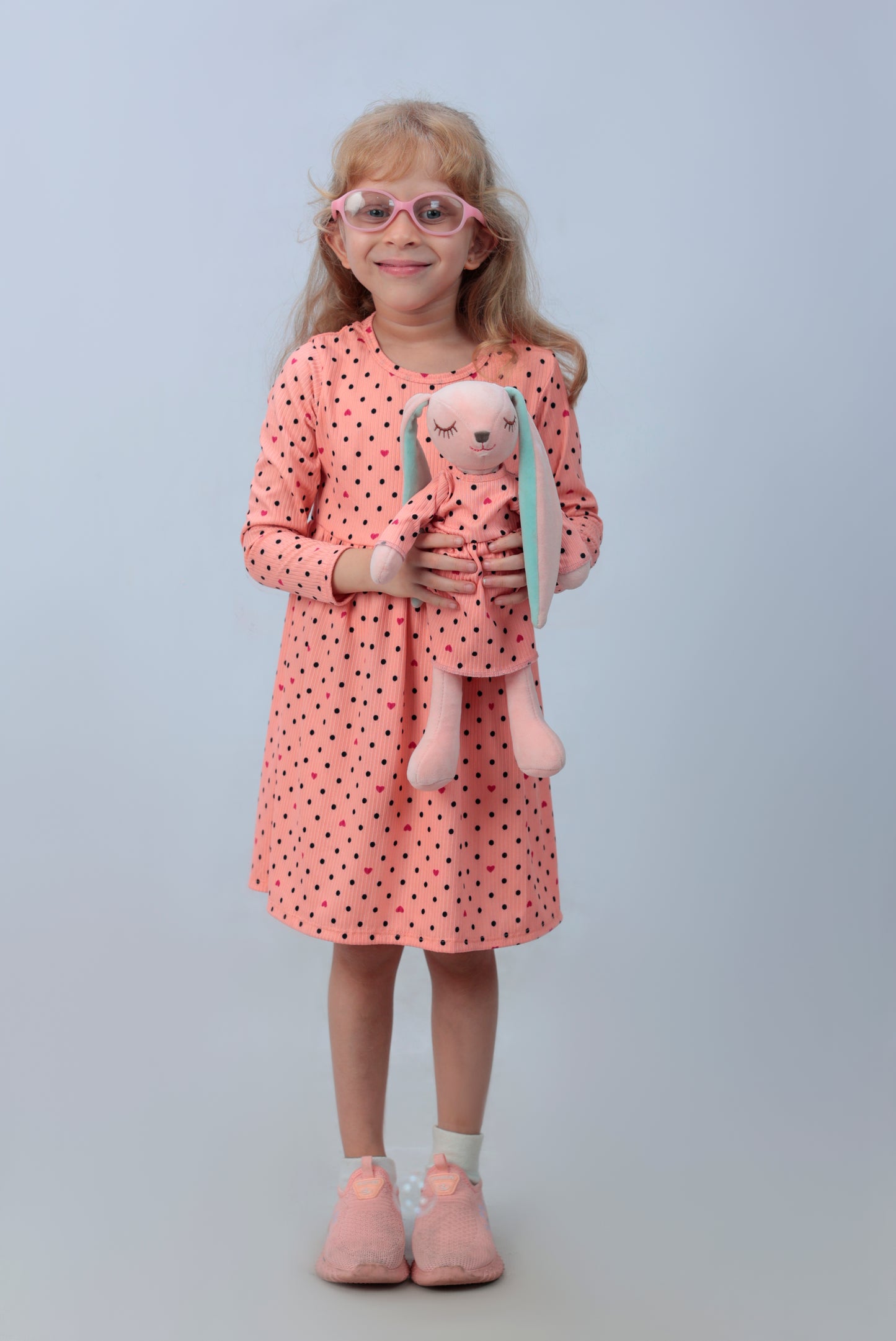 Toddler Girl's Polka dots with hearts long sleeve dress with matching bunny- FS004