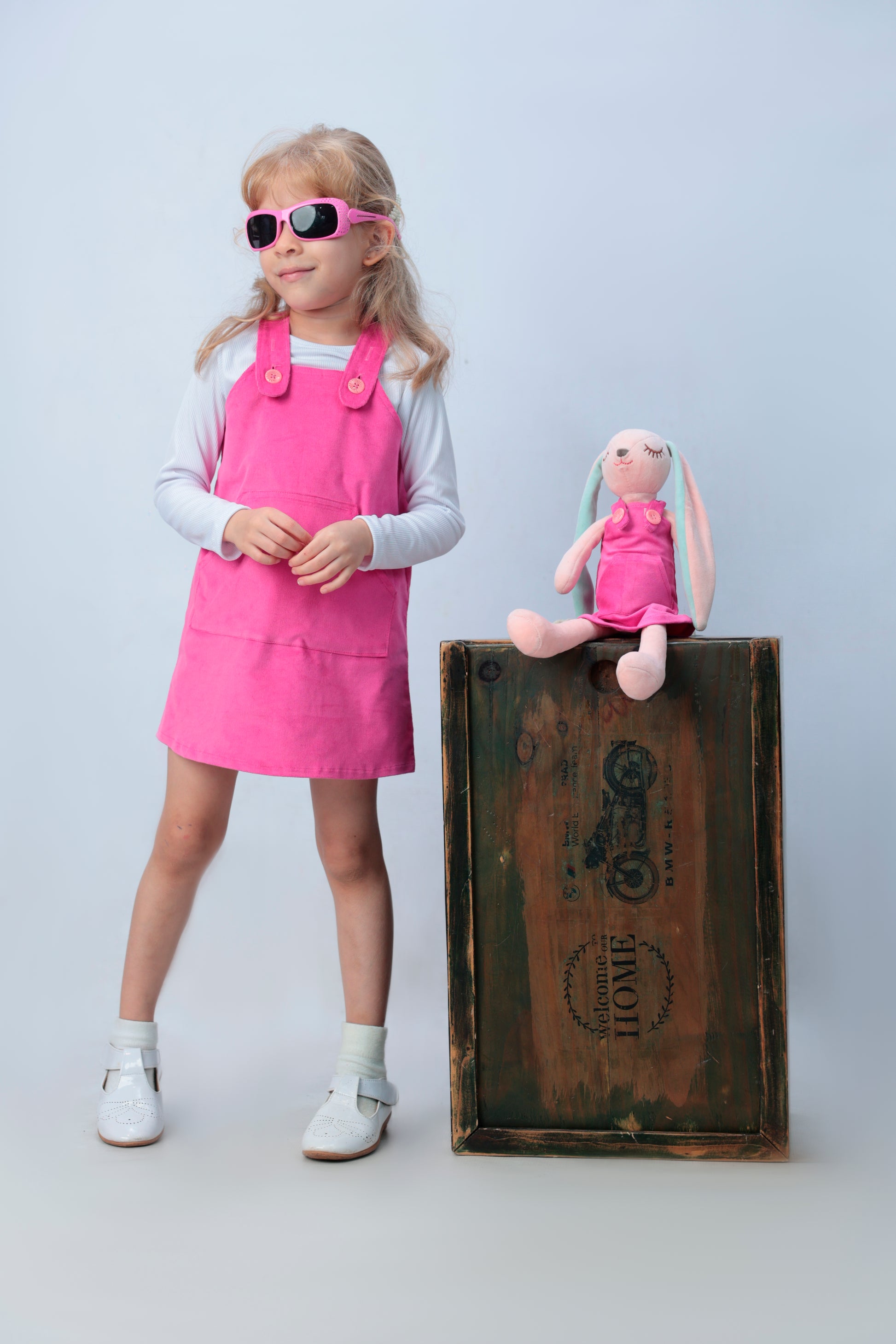 Hot Pink Corduroy Overall Dress (WITHOUT TSHIRT) with Matching Bunny- Fluffy Smiles Clothing Inc. Hot Pink Corduroy Overall Dress (WITHOUT TSHIRT) with Matching Bunny- Fluffy Smiles Clothing Inc.