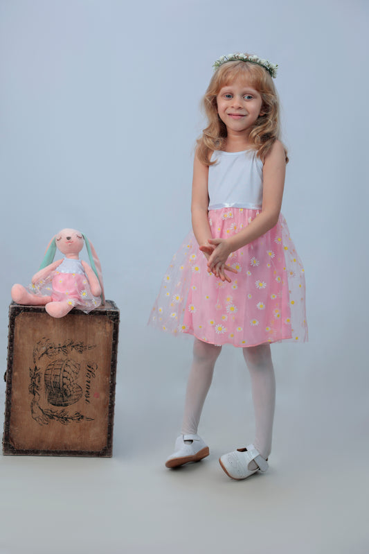 Spaghetti Strap Tulle sunflower print dress With a matching bunny- FS0011