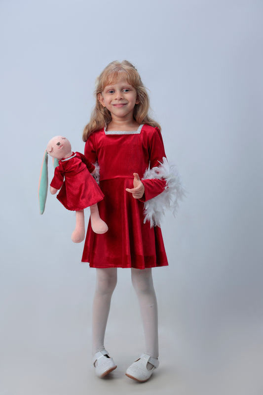 Square Neck Long Sleeve Lace Trim Red Velvet Dress with a matching bunny- FS0013