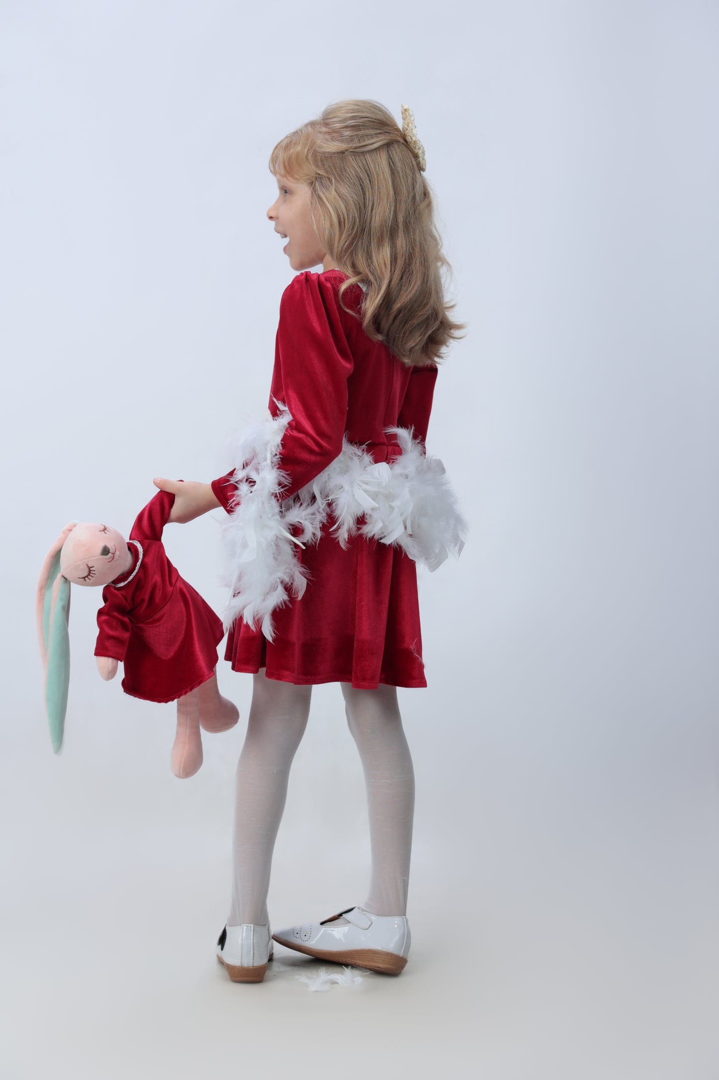 Square Neck Long Sleeve Lace Trim Red Velvet Dress with a matching bunny- FS0013