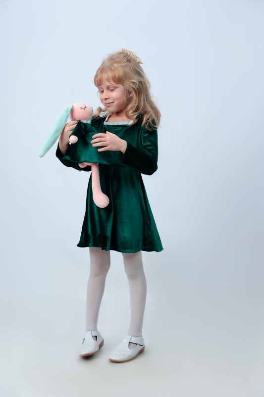 Square Neck Long Sleeve Lace Trim Green Velvet Dress with a matching bunny- FS0014