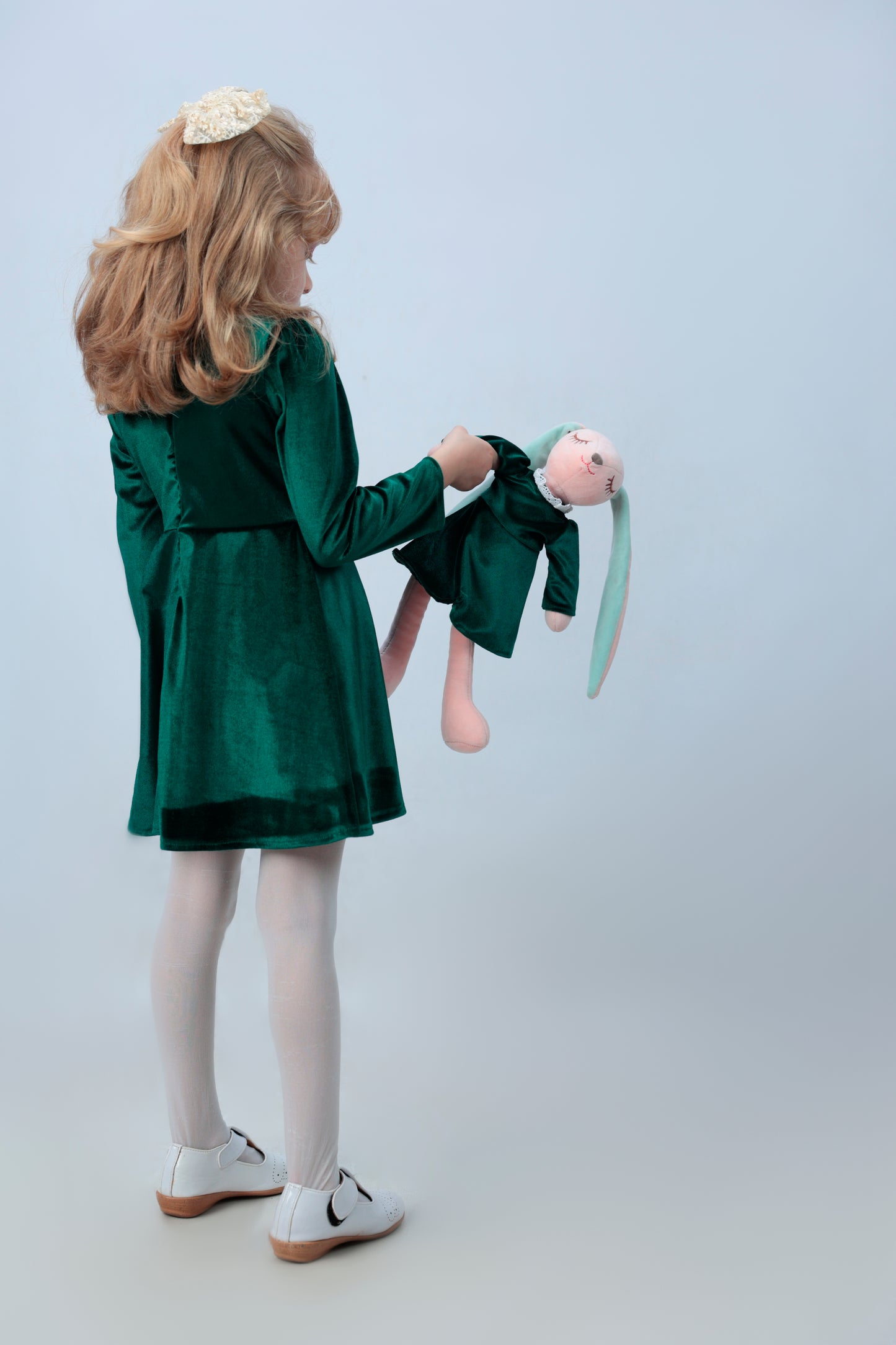Square Neck Long Sleeve Lace Trim Green Velvet Dress with a matching bunny- FS0014