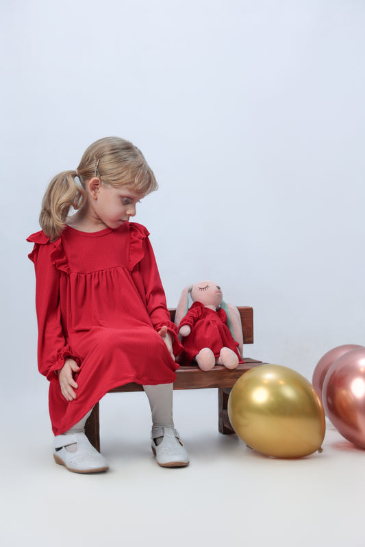 Toddler Girl's Ruffle Trim Long Sleeve Dress set with matching bunny - FS0003