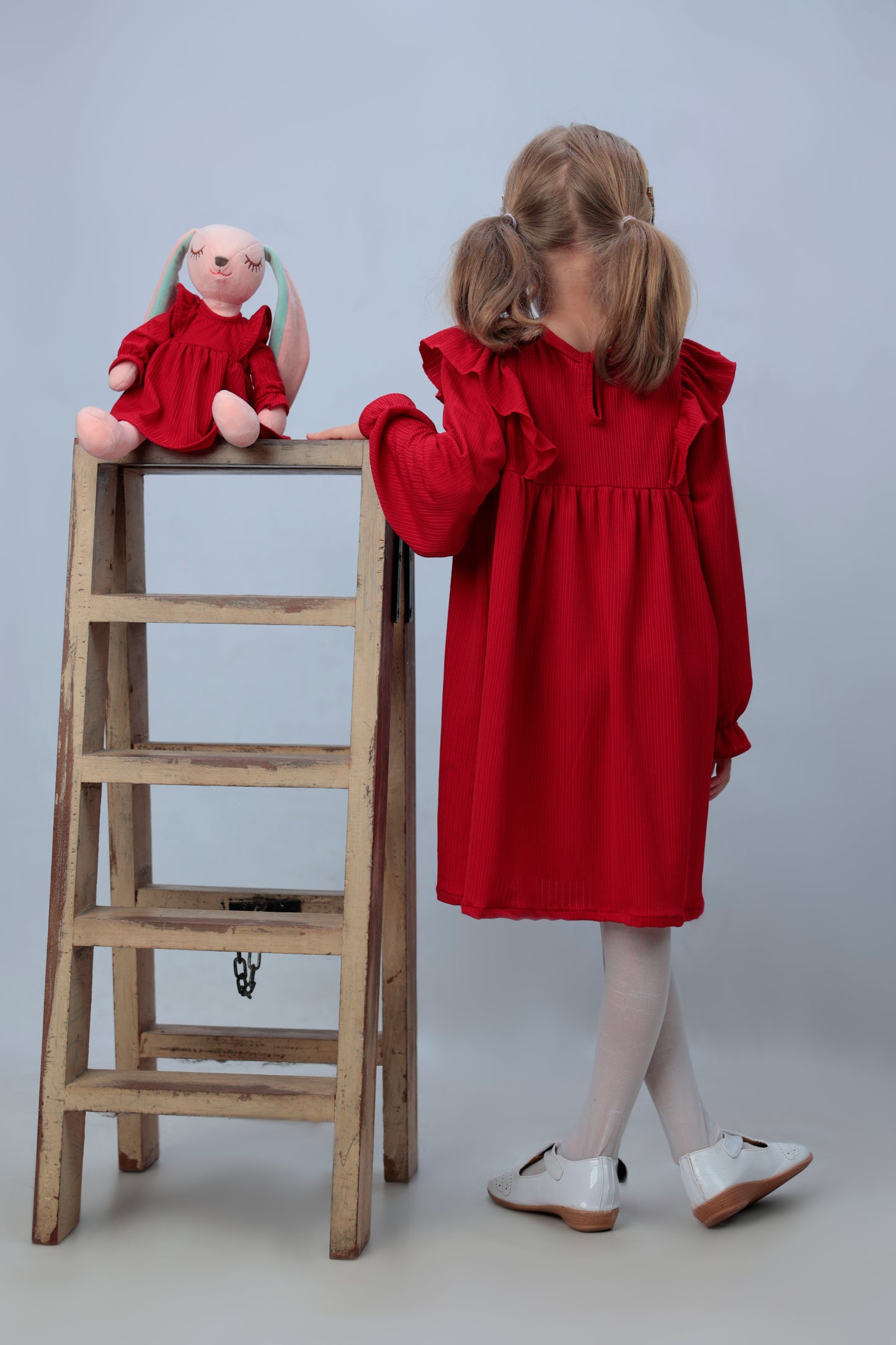 Toddler Girl's Ruffle Trim Long Sleeve Dress set with matching bunny - FS0003