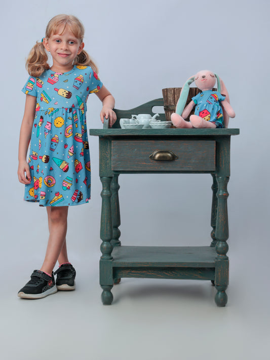 Toddler Girl's Casual Short Sleeve Round Neck Dress with a matching bunny- FS0006