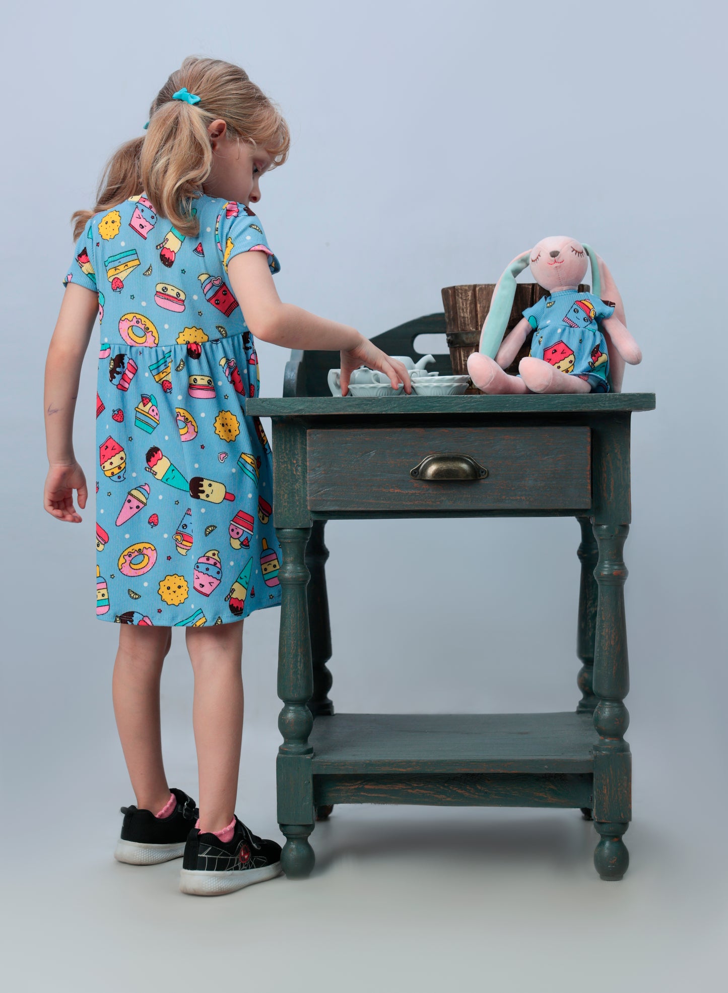 Toddler Girl's Casual Short Sleeve Round Neck Dress with a matching bunny- FS0006