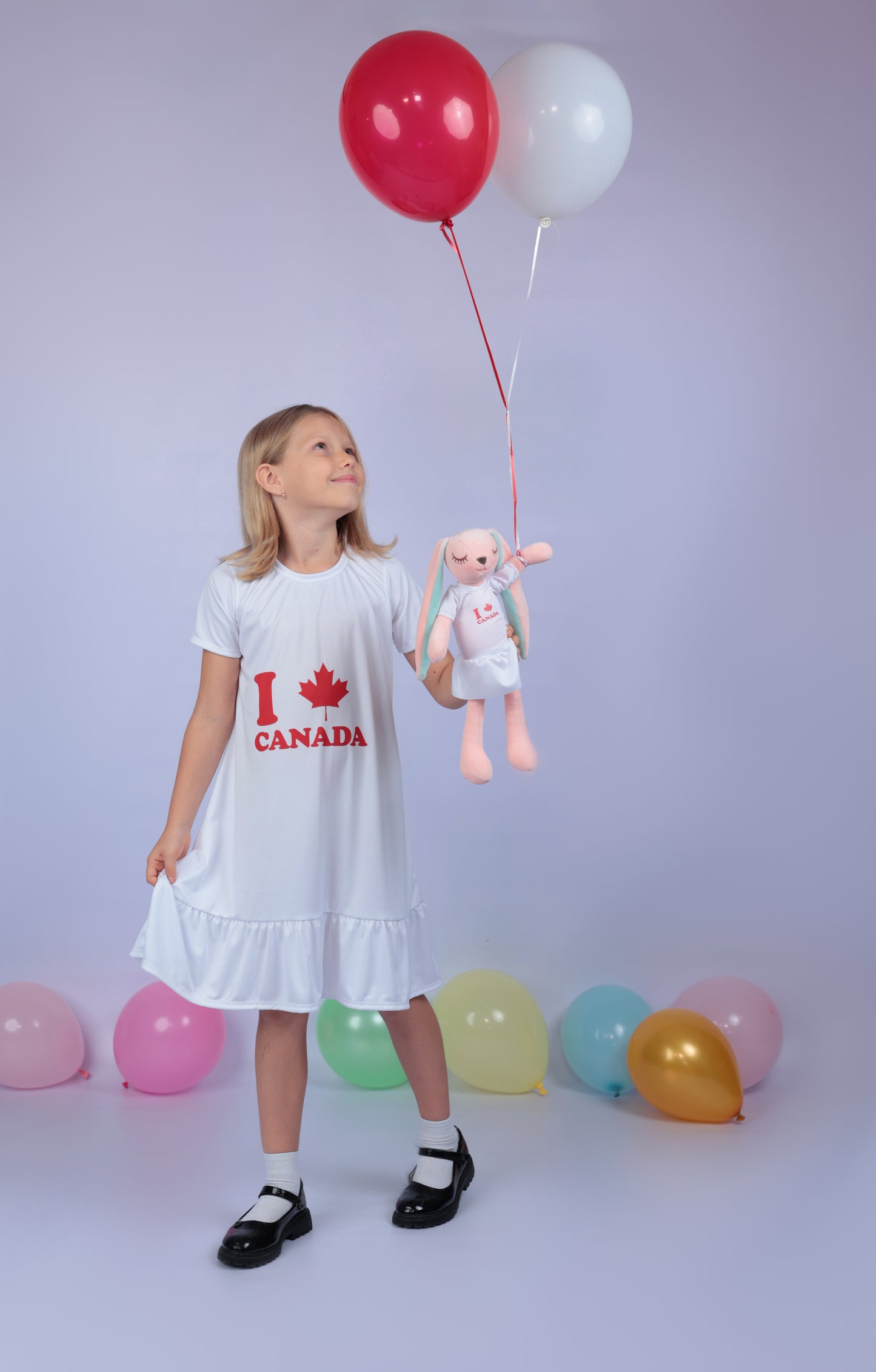 Canada Flagged White Ruffled Sleeve A-Line Swing Dress with matching Bunny- FS0036