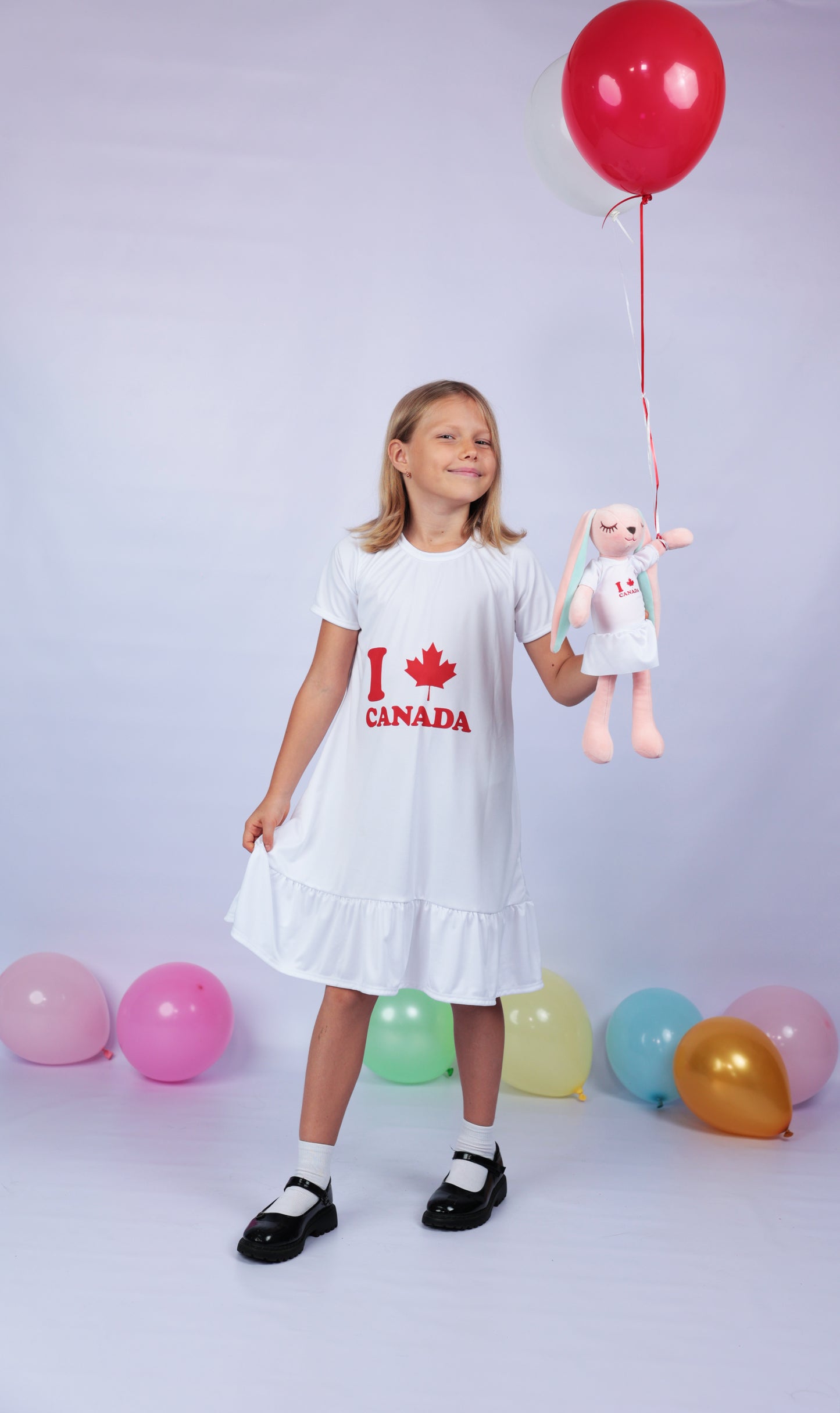 Canada Flagged White Ruffled Sleeve A-Line Swing Dress with matching Bunny- FS0036