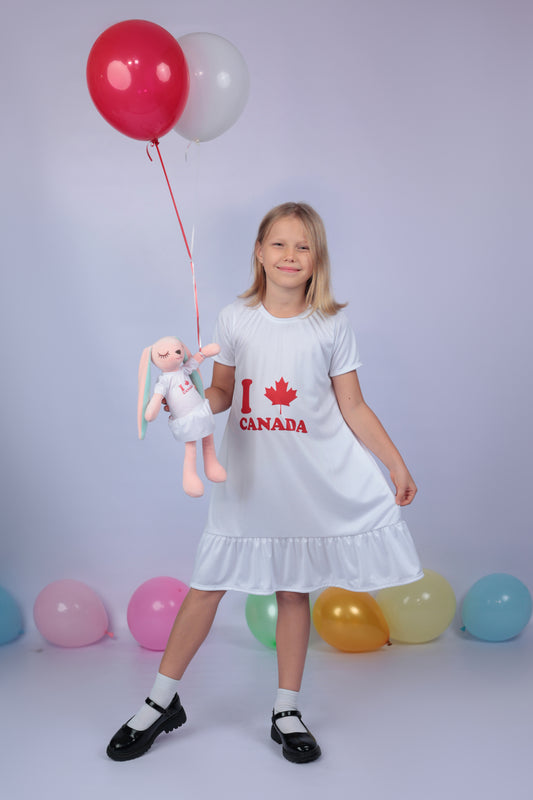 Canada Flagged White Ruffled Sleeve A-Line Swing Dress with matching Bunny- FS0036
