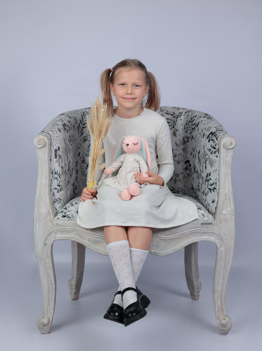 Toddler Girl’s Cream White Heart-Embossed Long Sleeve Dress with a matching Bunny- FS0025