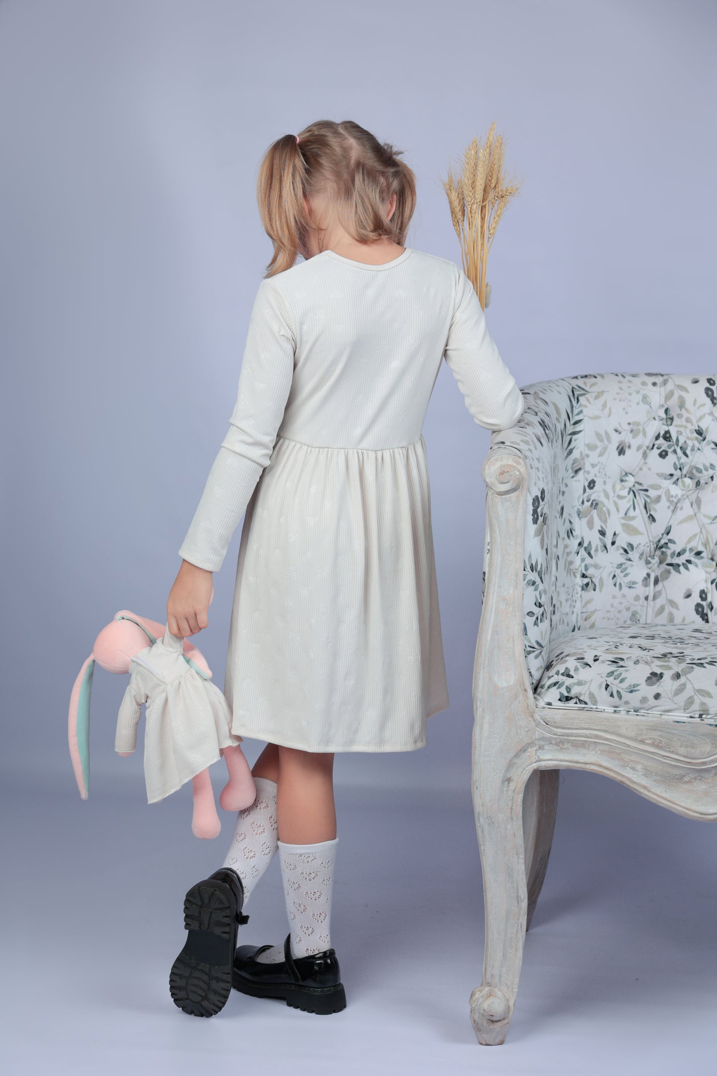 Toddler Girl’s Cream White Heart-Embossed Long Sleeve Dress with a matching Bunny- FS0025