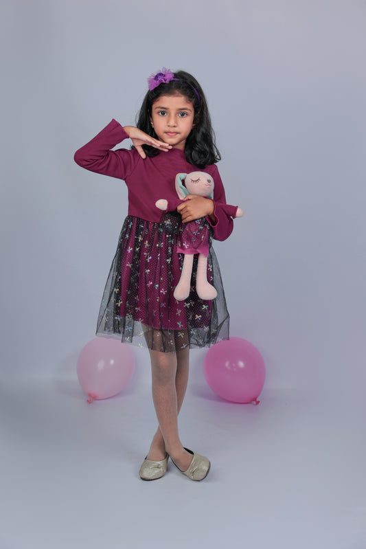 Purple Long sleeve glittery shimmery Tulle dress with matching Bunny- FS1111