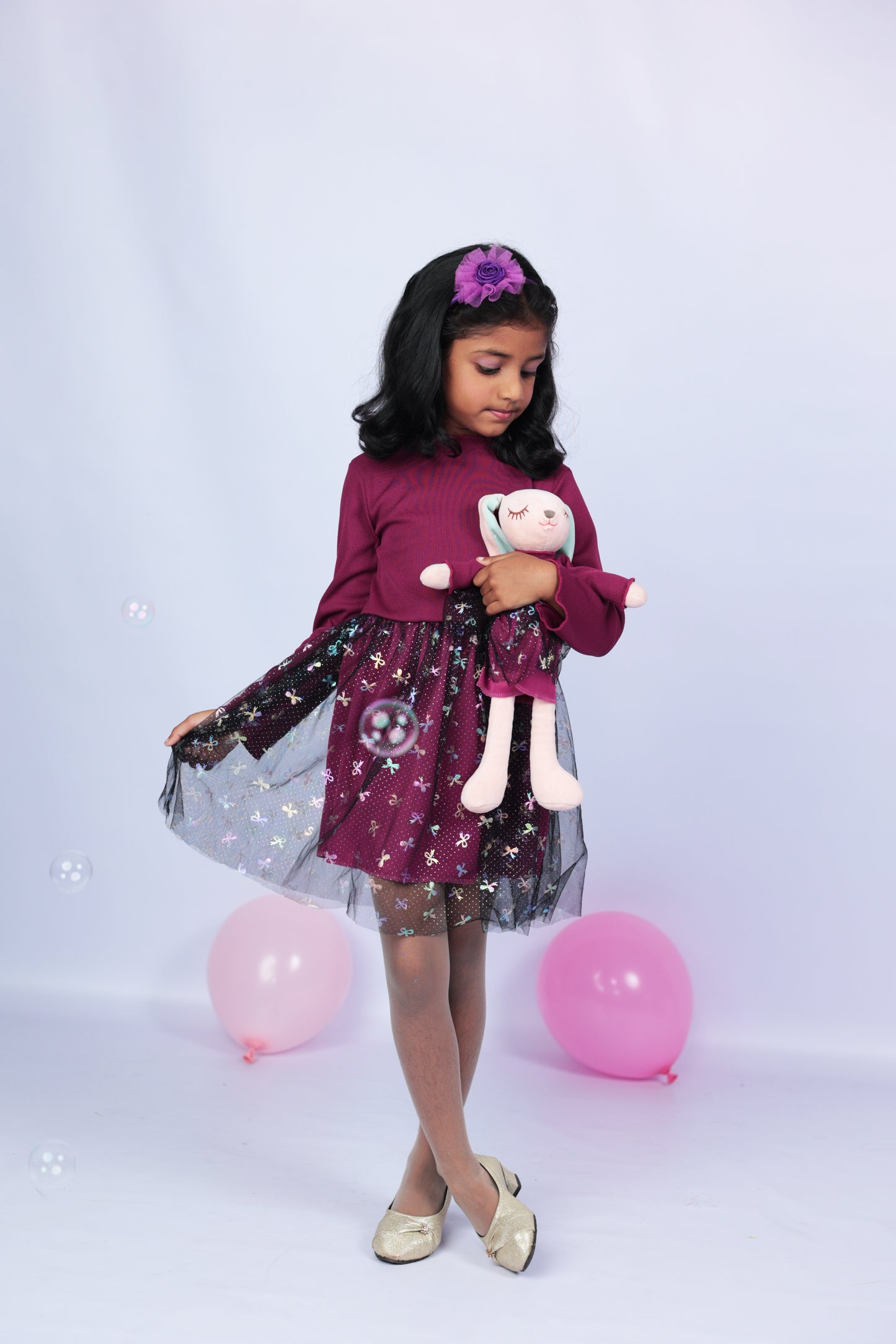 Purple Long sleeve glittery shimmery Tulle dress with matching Bunny- FS1111