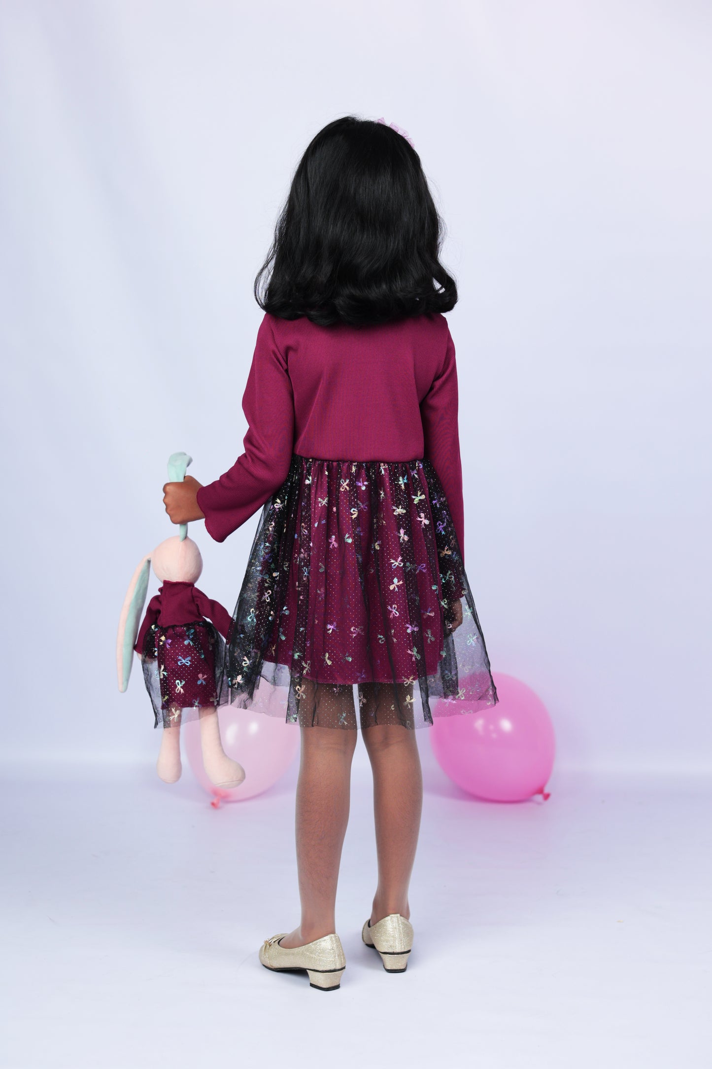 Purple Long sleeve glittery shimmery Tulle dress with matching Bunny- FS1111